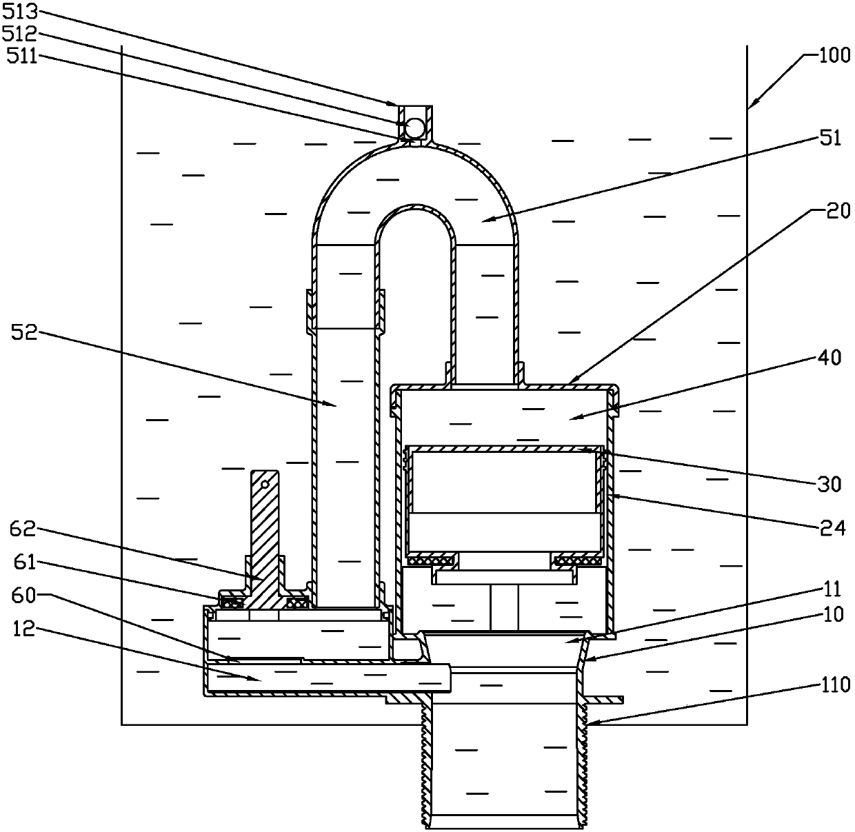 A water tank drainage device utilizing pressure difference for drainage