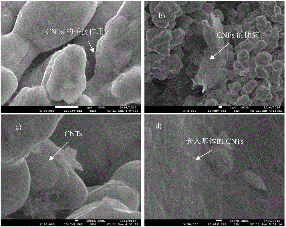 Carbon nanotube and carbon nanofiber synergetic enhanced copper base composite material and preparation method