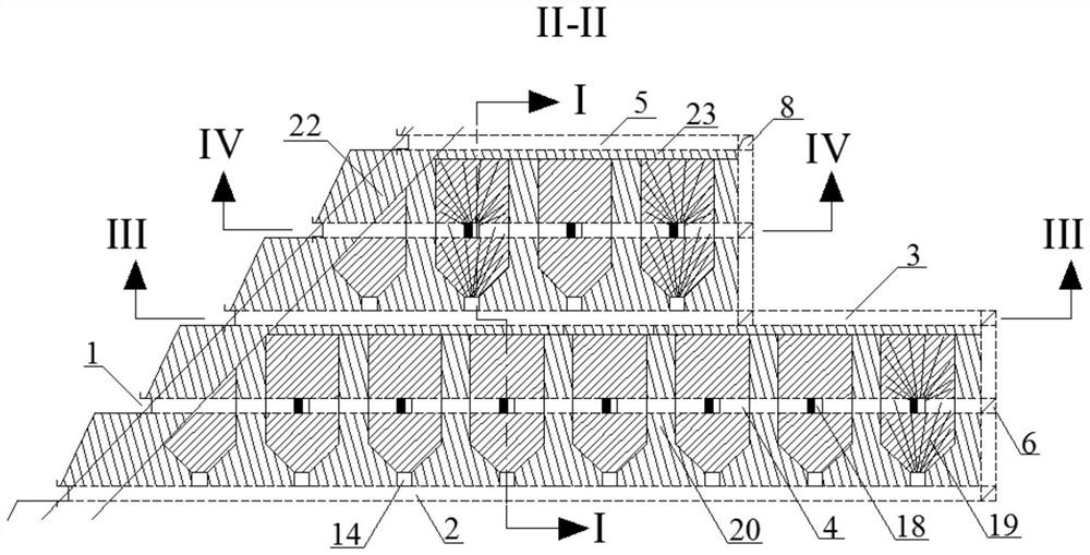Medium-depth hole multi-stope and section-by-section common chute mining method for hanging side ore body mining