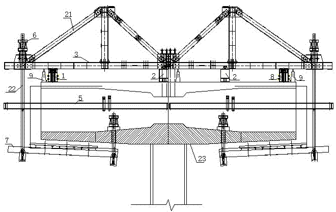 Traveling-rail-free type triangular hanging basket traveling construction method