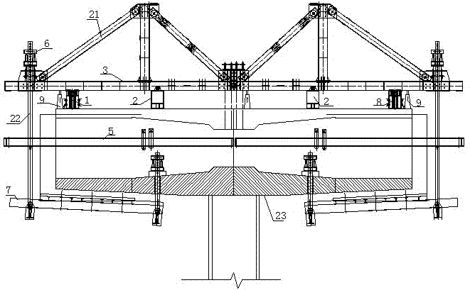 Traveling-rail-free type triangular hanging basket traveling construction method