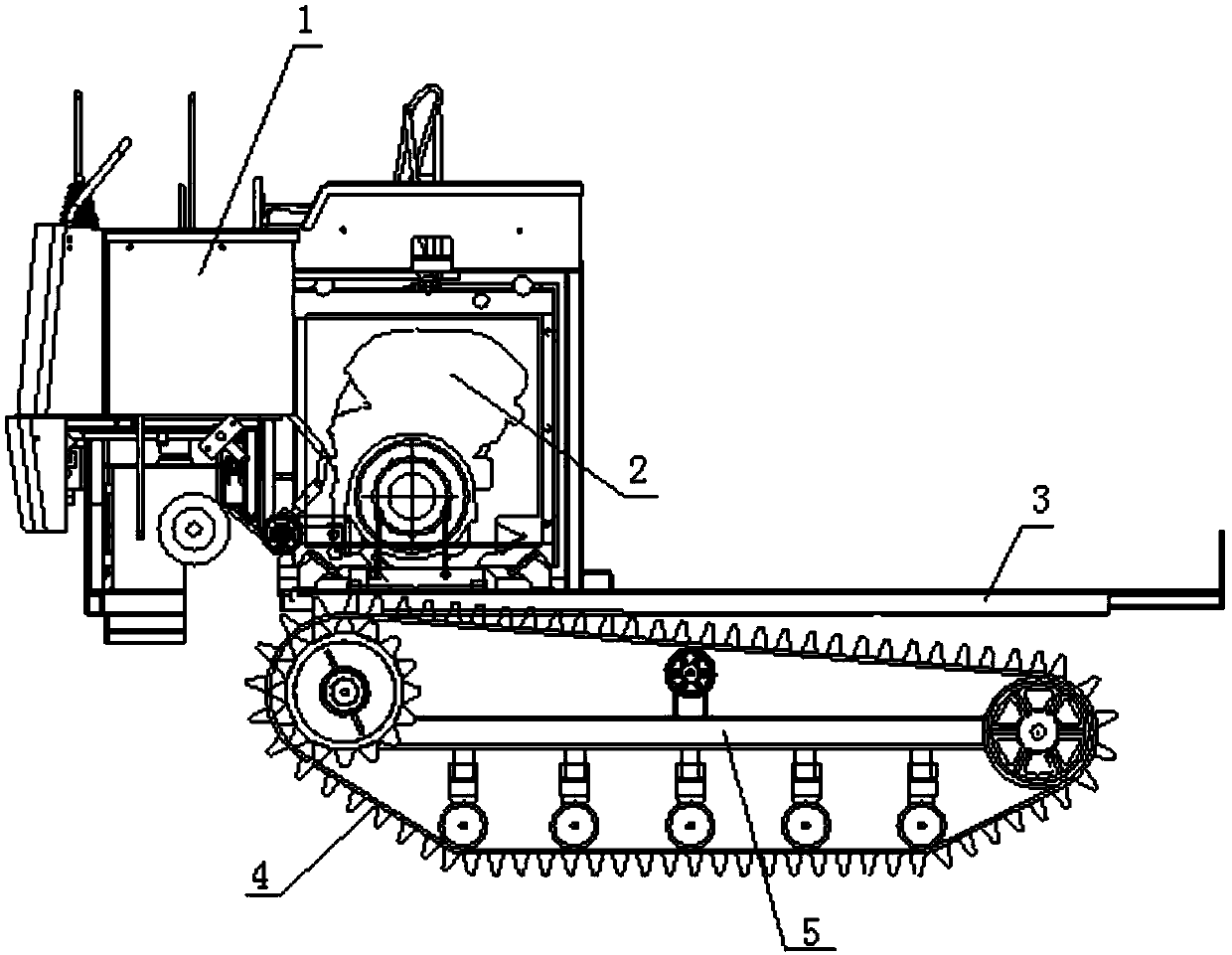 A profiling vibration-absorbing crawler-type walking chassis of a grain combine harvester