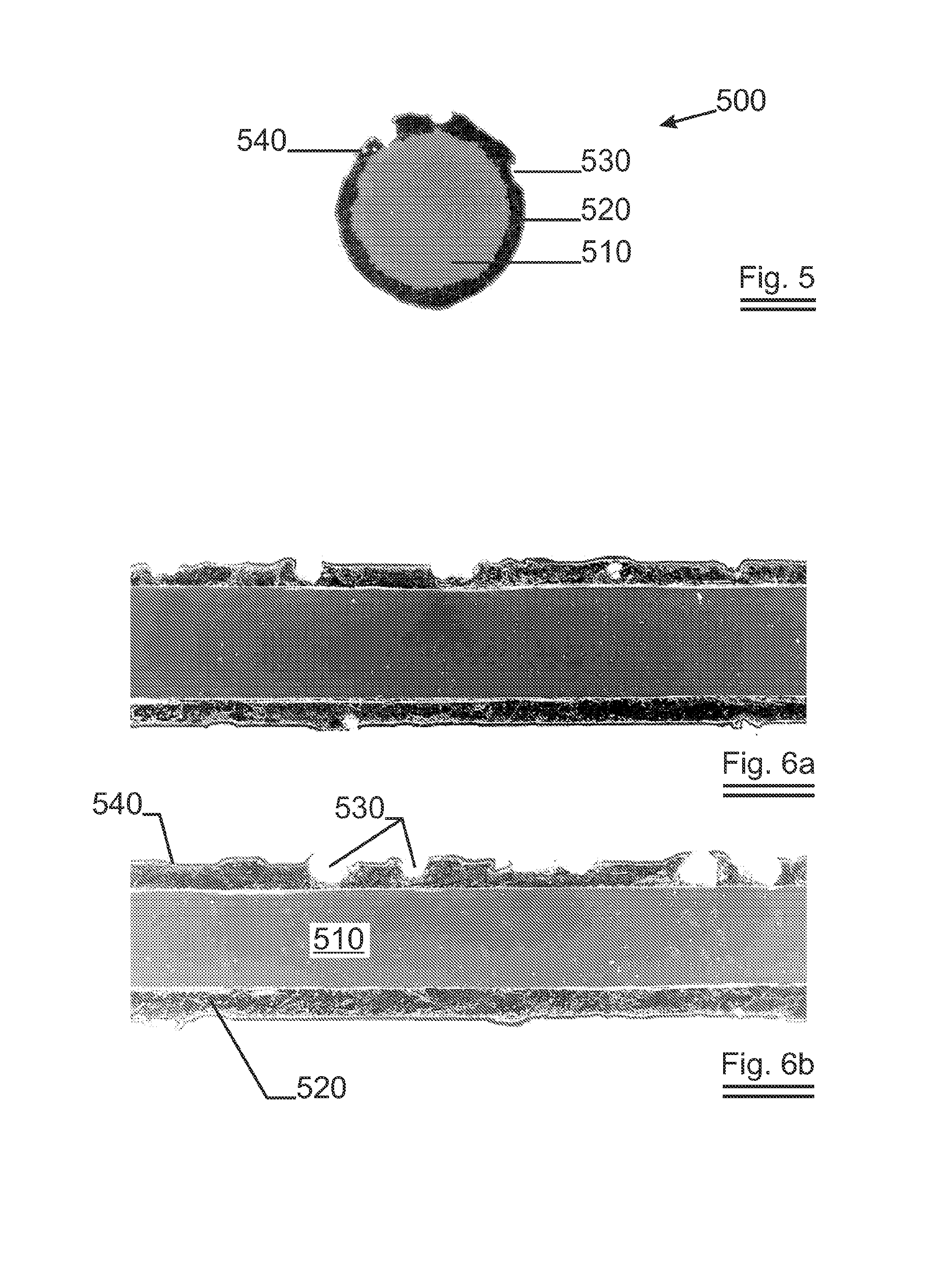Fixed abrasive sawing wire with a rough interface between core and outer sheath