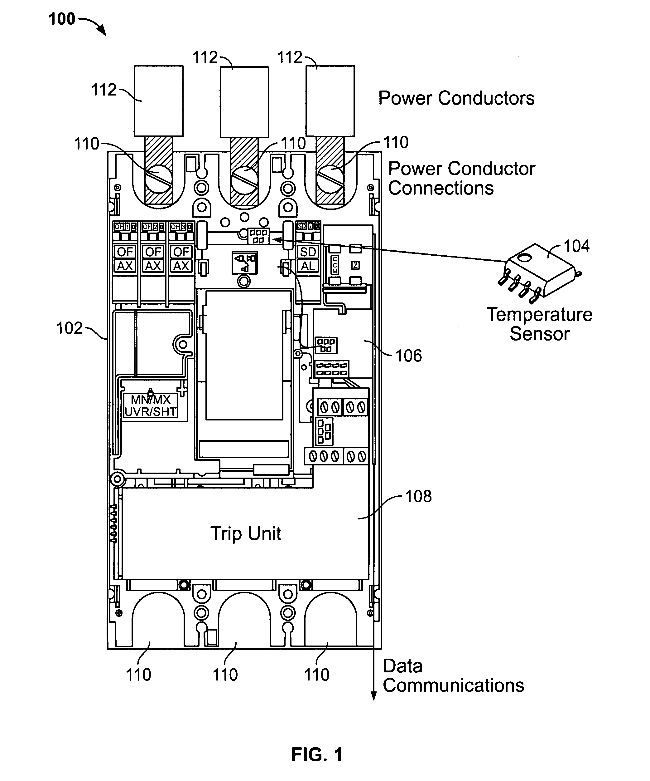 Circuit breaker integral temperature monitoring for advance detection of defective power conductor connections