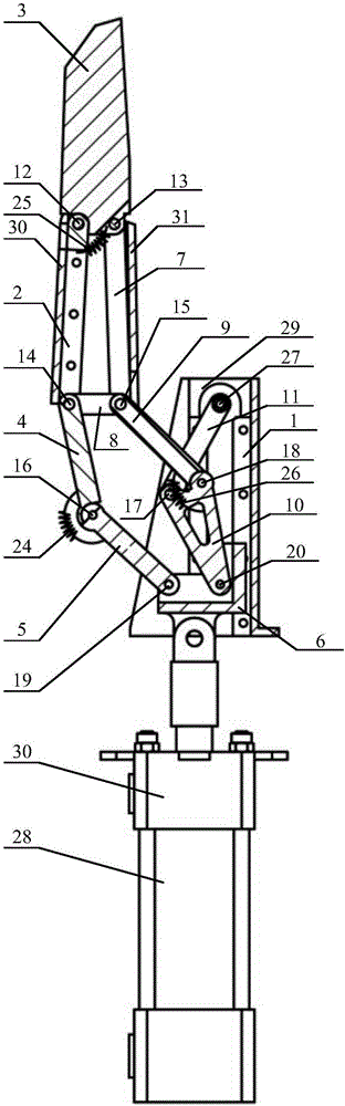 Double-toggle-joint, connecting rod, linear and parallel clamping and self-adapting type finger device of robot hand
