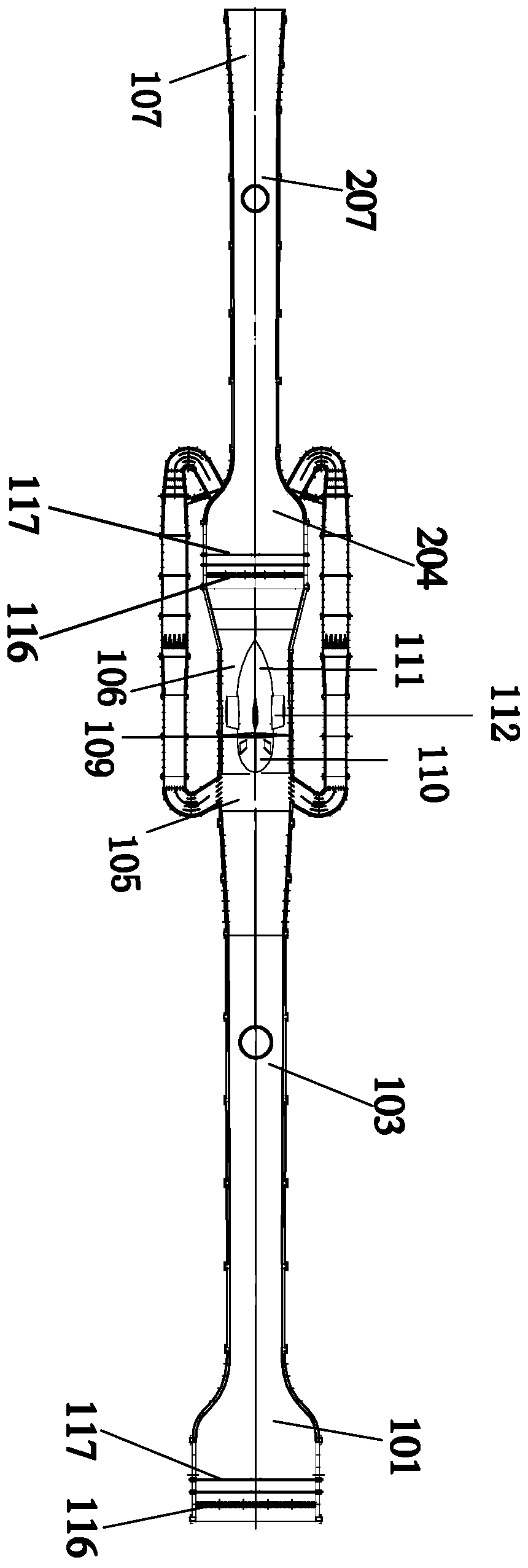 Dual-test-section straight-flow gust wind tunnel with bypasses