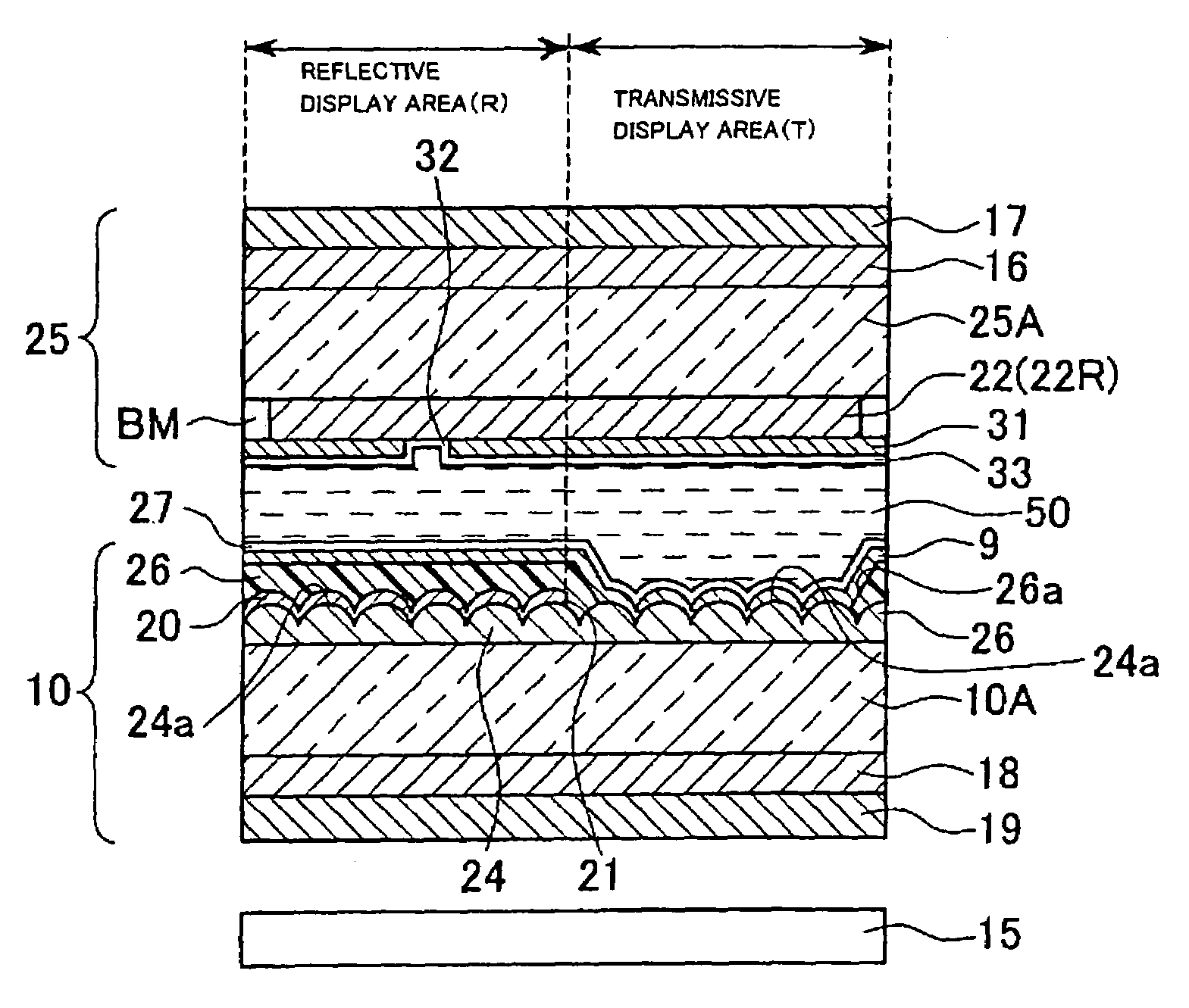 Transflective liquid crystal display device having surface roughness in the transmissive area and homeotropic alignment
