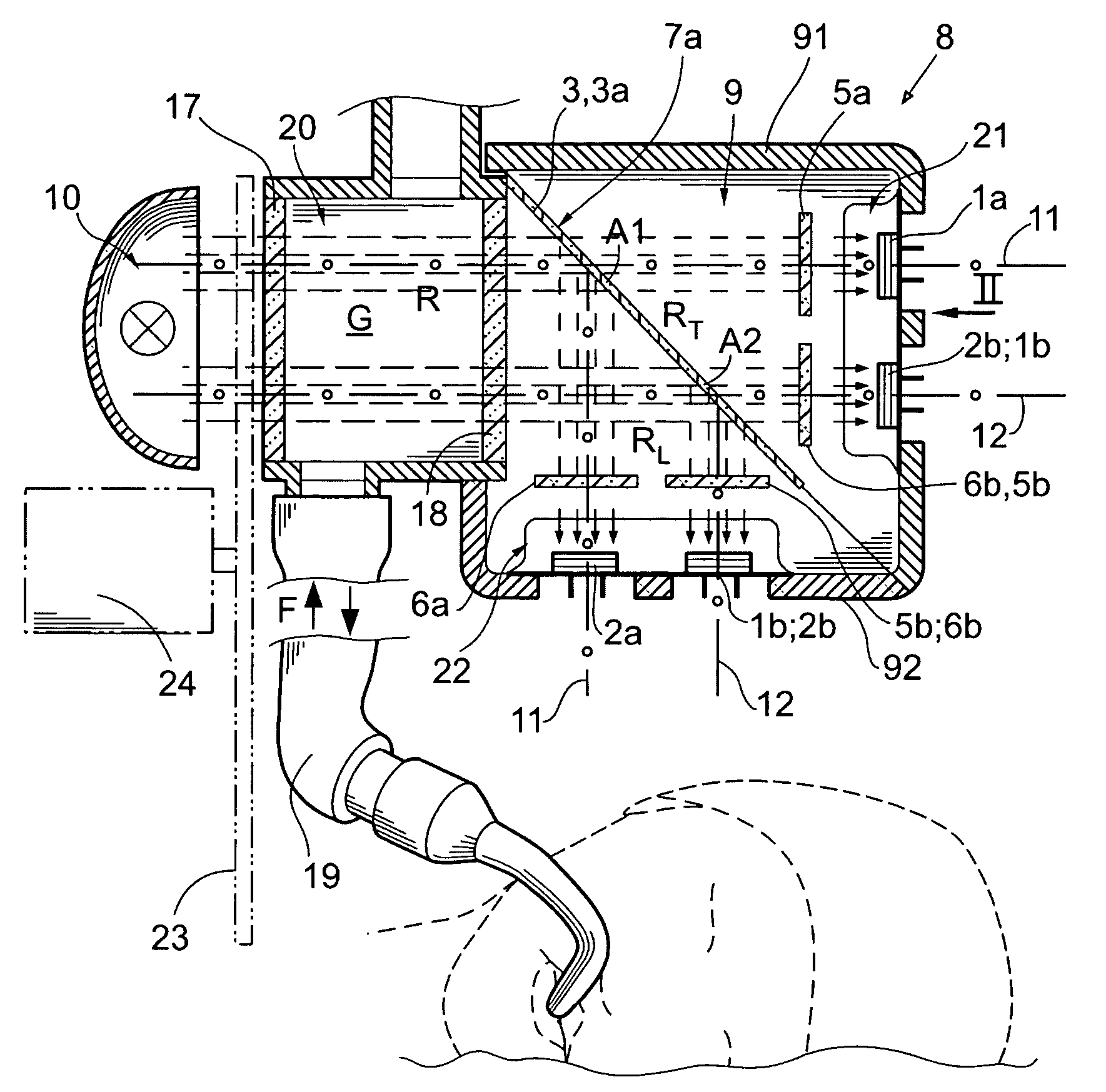Detection assembly and measuring arrangement for multigas analyzers