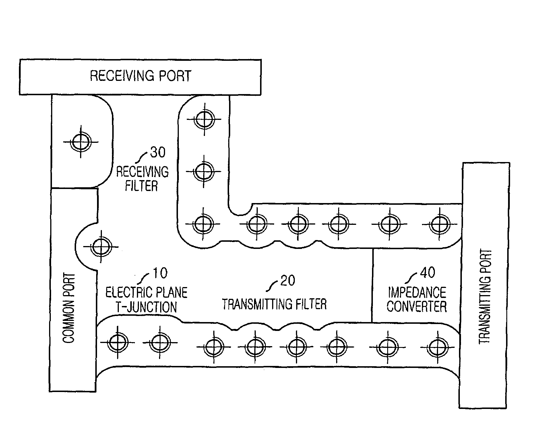 Waveguide diplexer of electric plane T-junction structure with resonant iris