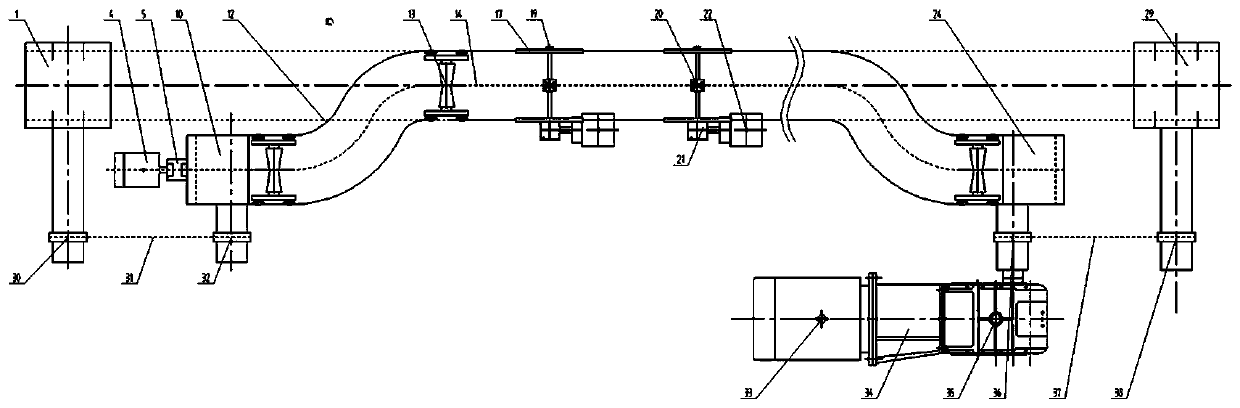 Electrodeless car unit chain multi-point driving belt type conveyor and chain tensioning method