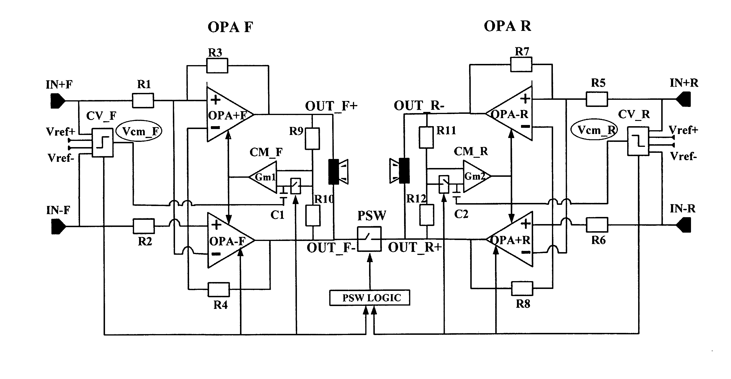 Method of preventing abrupt voltage changes at the outputs of a pair of amplifiers and control circuit for a pair of amplifiers self-configuring in a bridge configuration