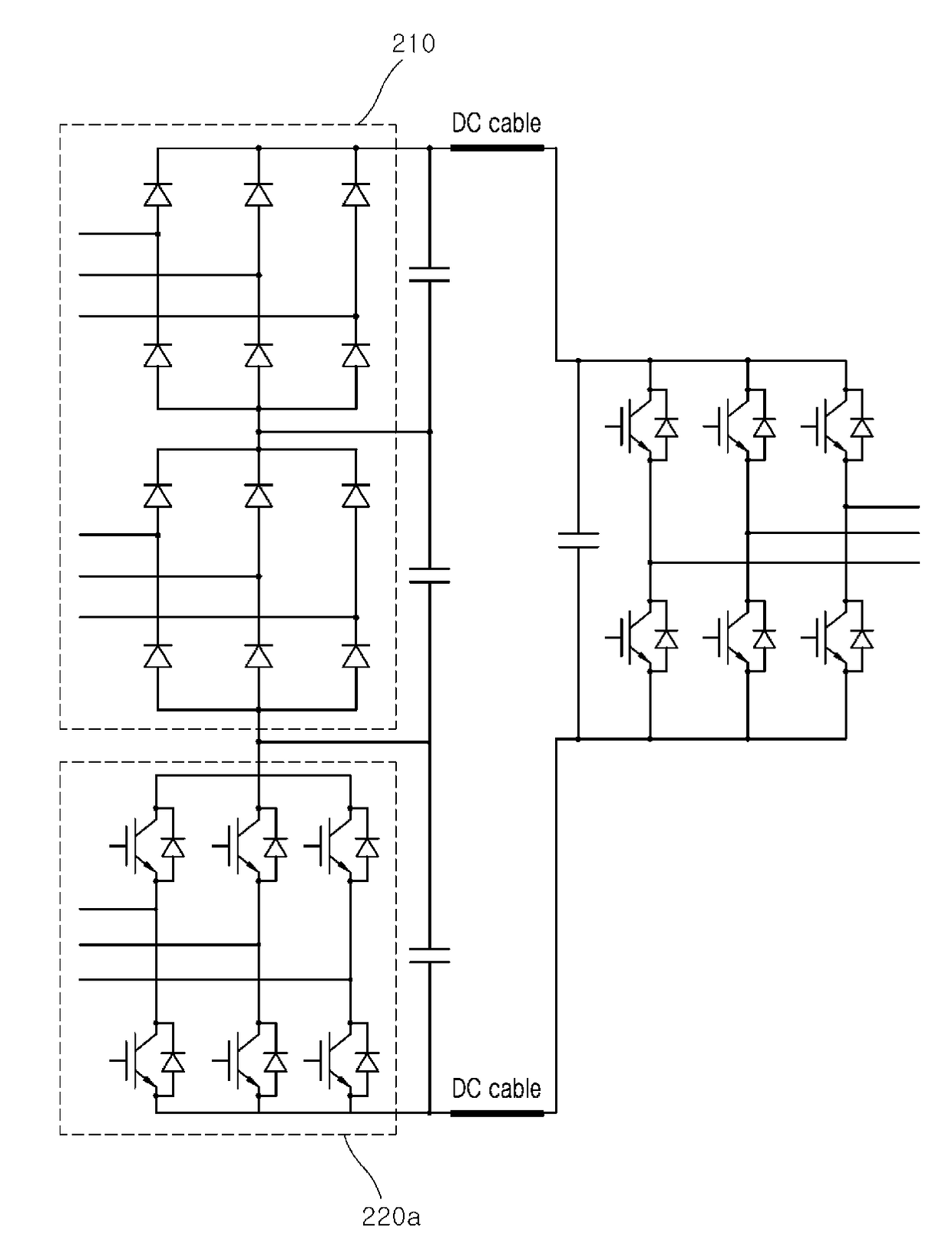 High-voltage direct current converter including a 12-pulse diode recitifier connected in series with a voltage-source converter