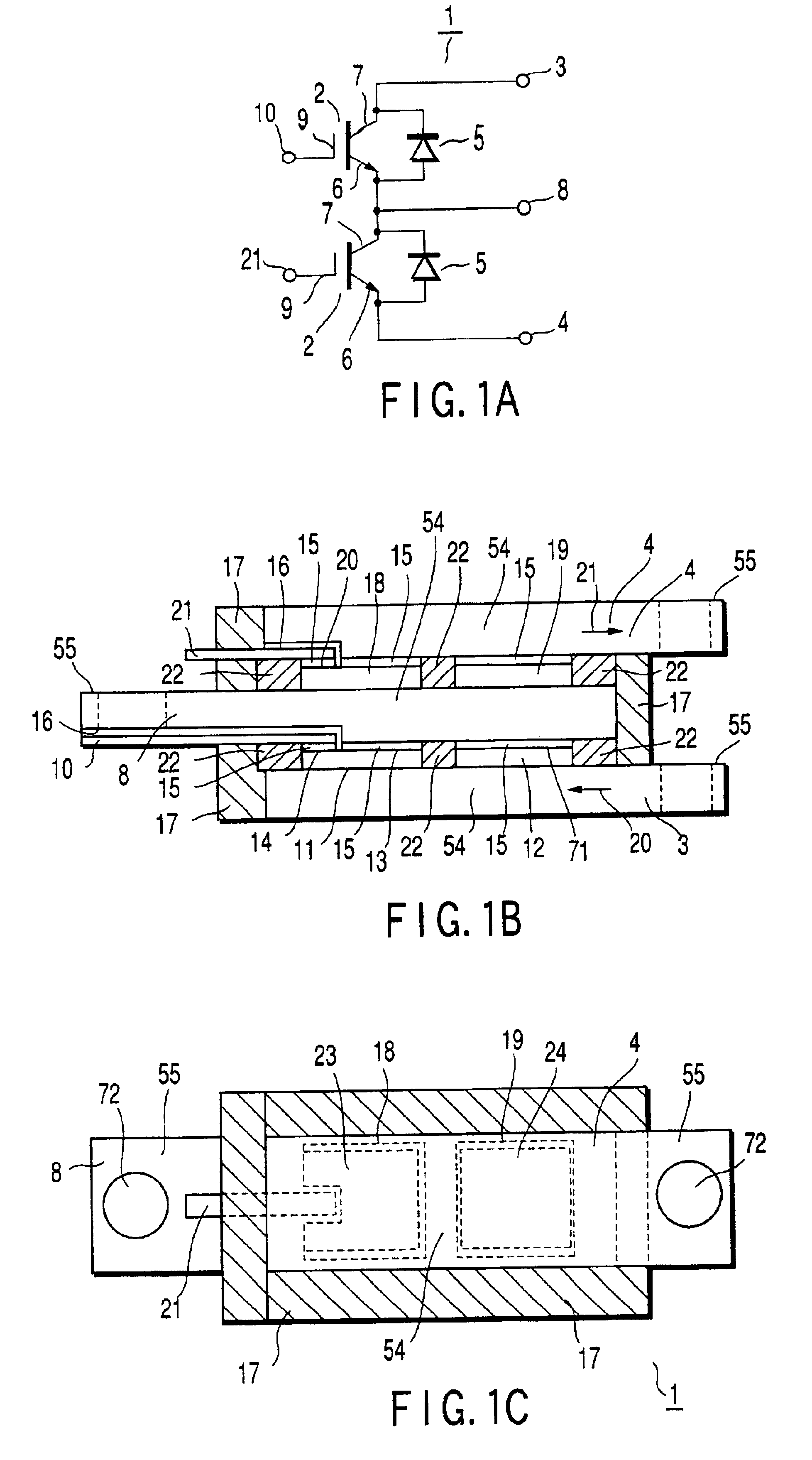 Semiconductor device having at least three power terminals superposed on each other