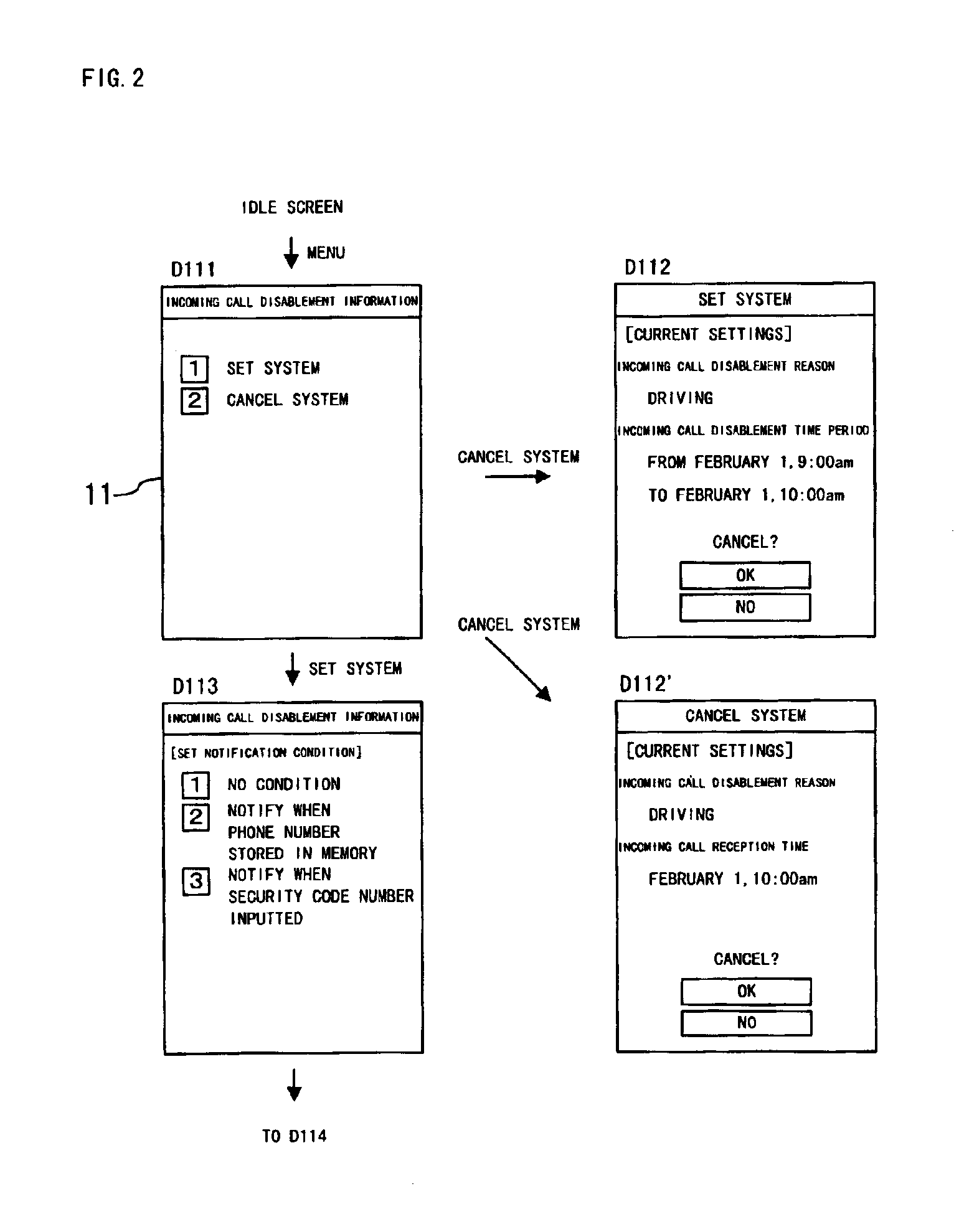 Call reception infeasibleness informing system and method