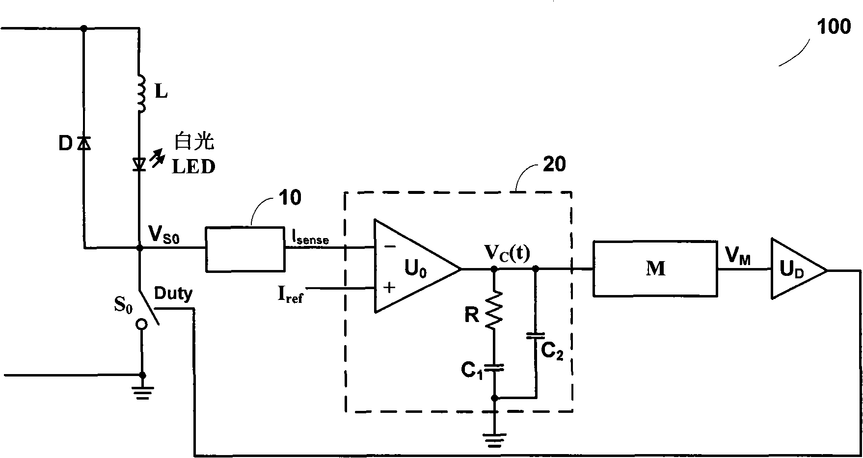 White light LED circuit and method for controlling average current of white light LED