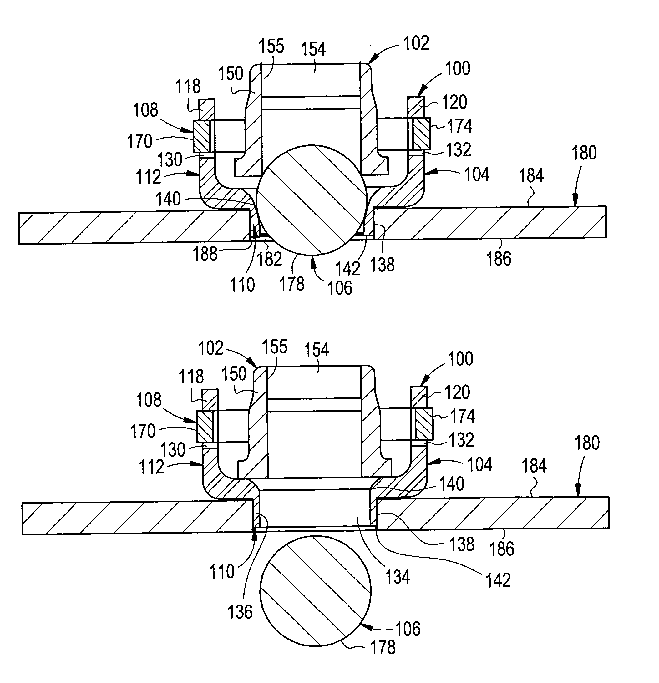 Push-type rivetless nut plate and method and apparatus for installing same