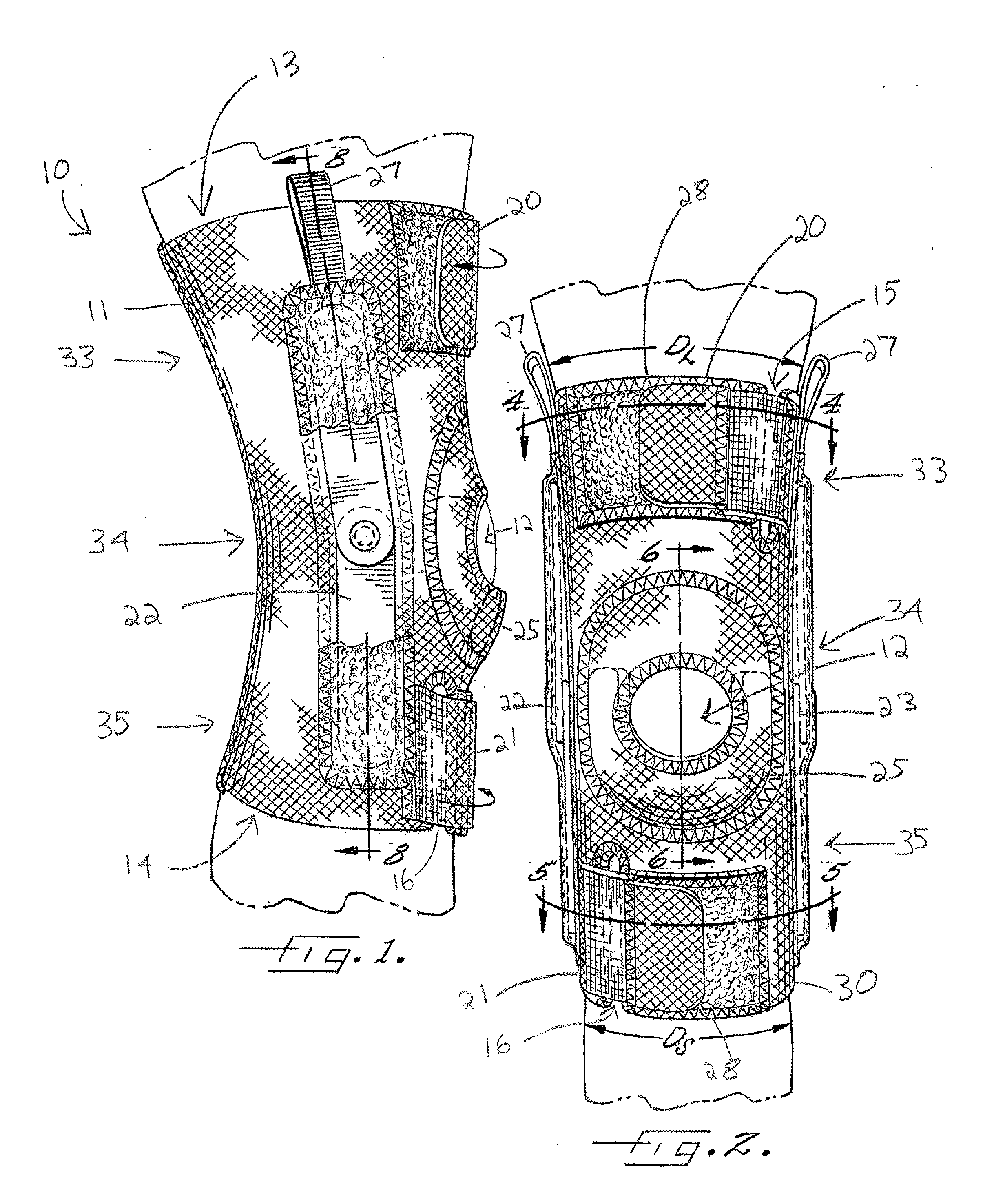 Knee support device having adjustable openings at opposing ends