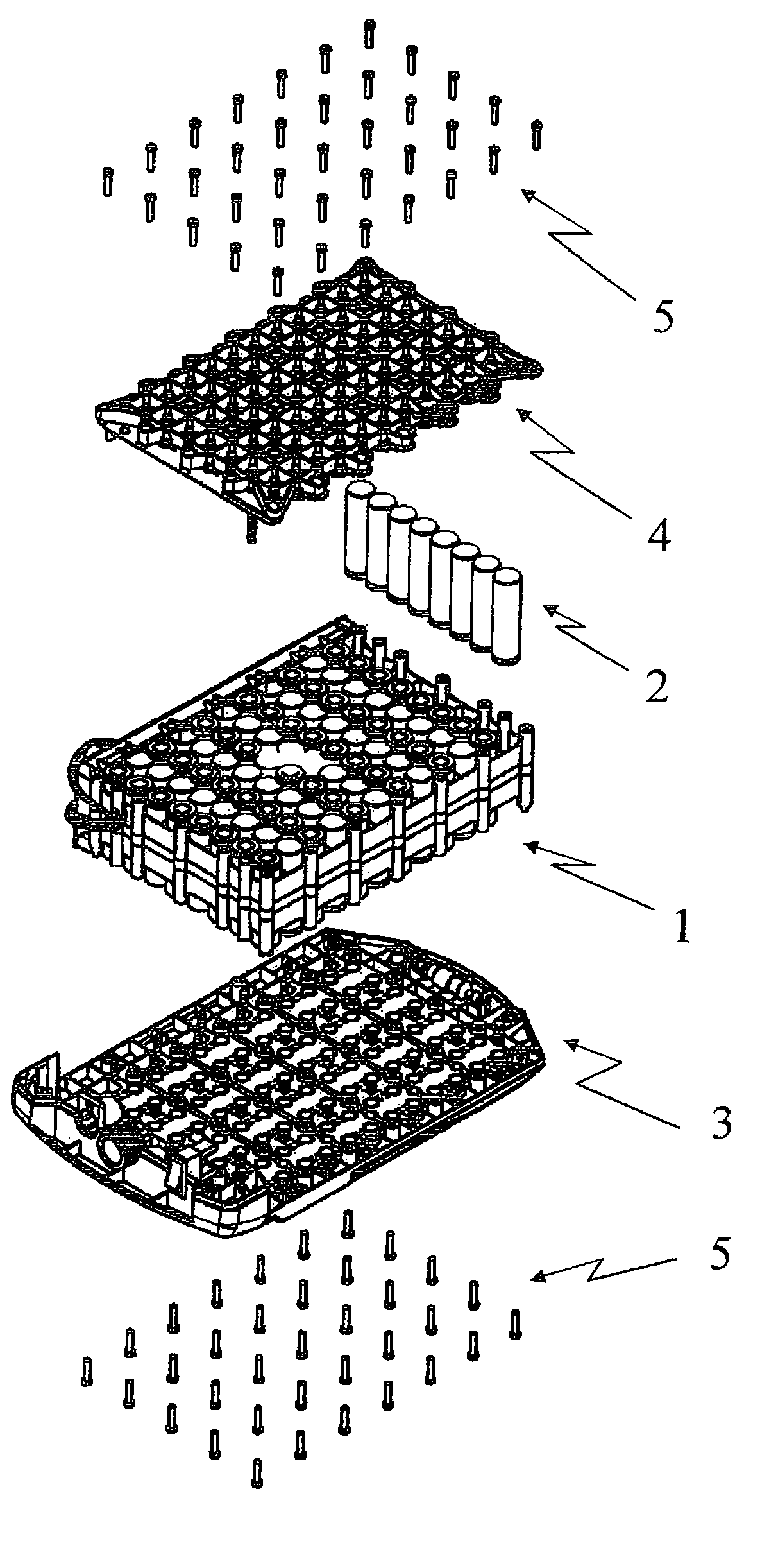 Battery consisting of a plurality of cells positioned and connected together without welding