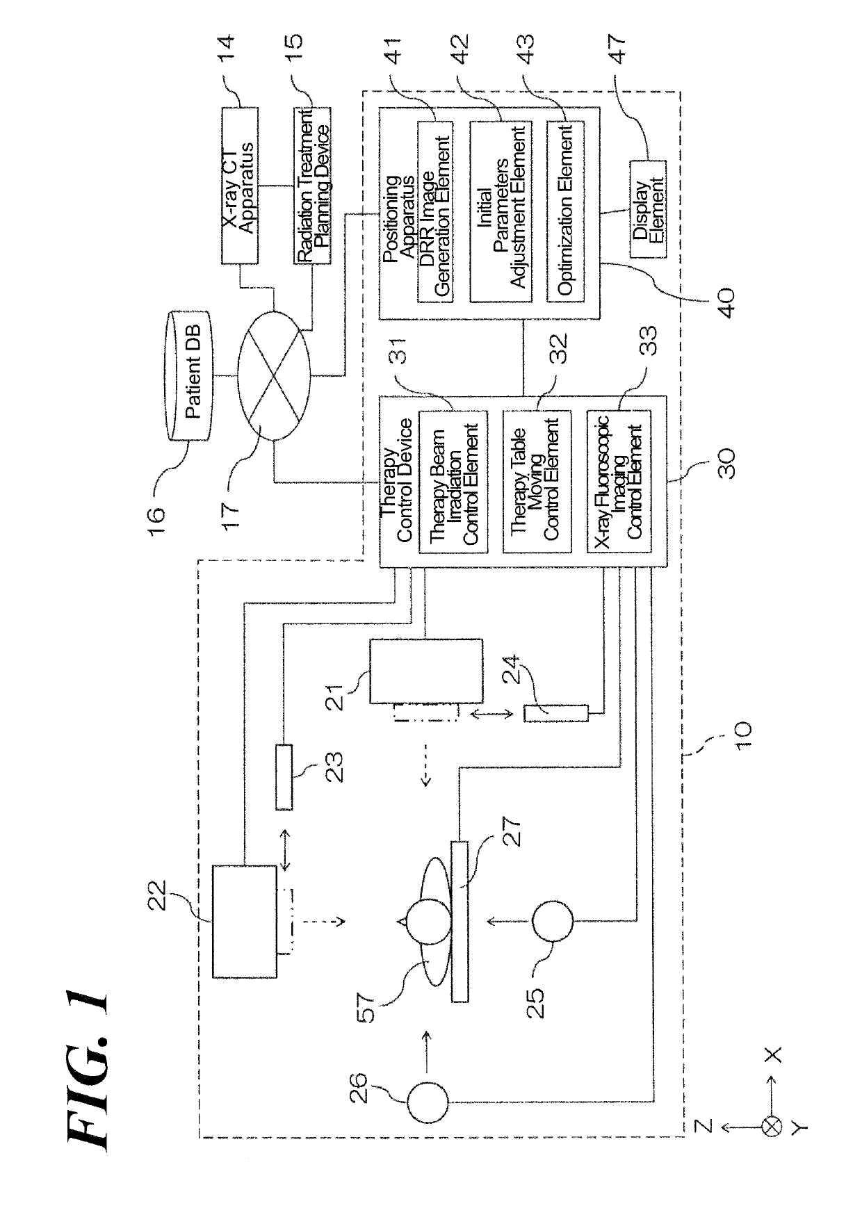 Positioning apparatus and method of positioning by generation of DRR image from X-ray CT image data