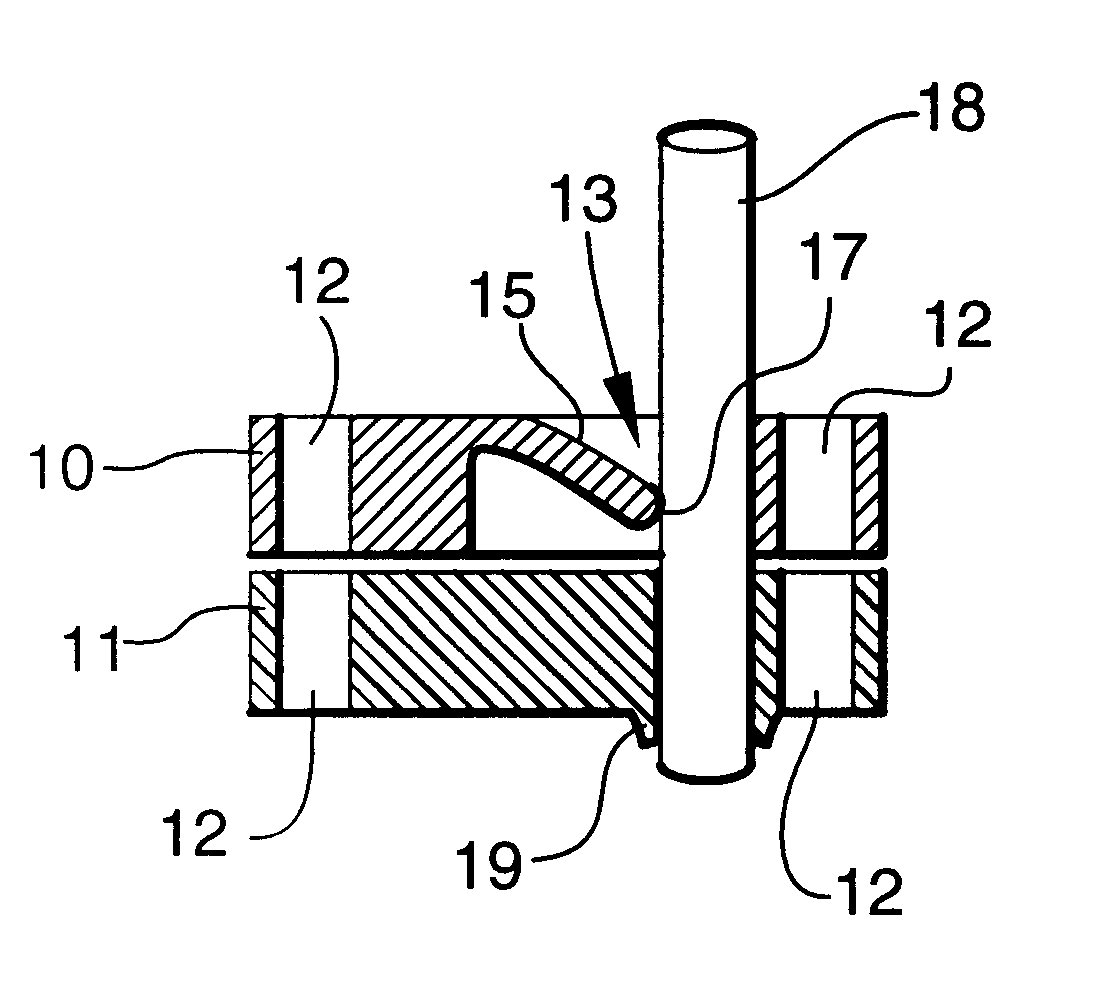 Holding device for sealed insertion of cables through enclosure walls