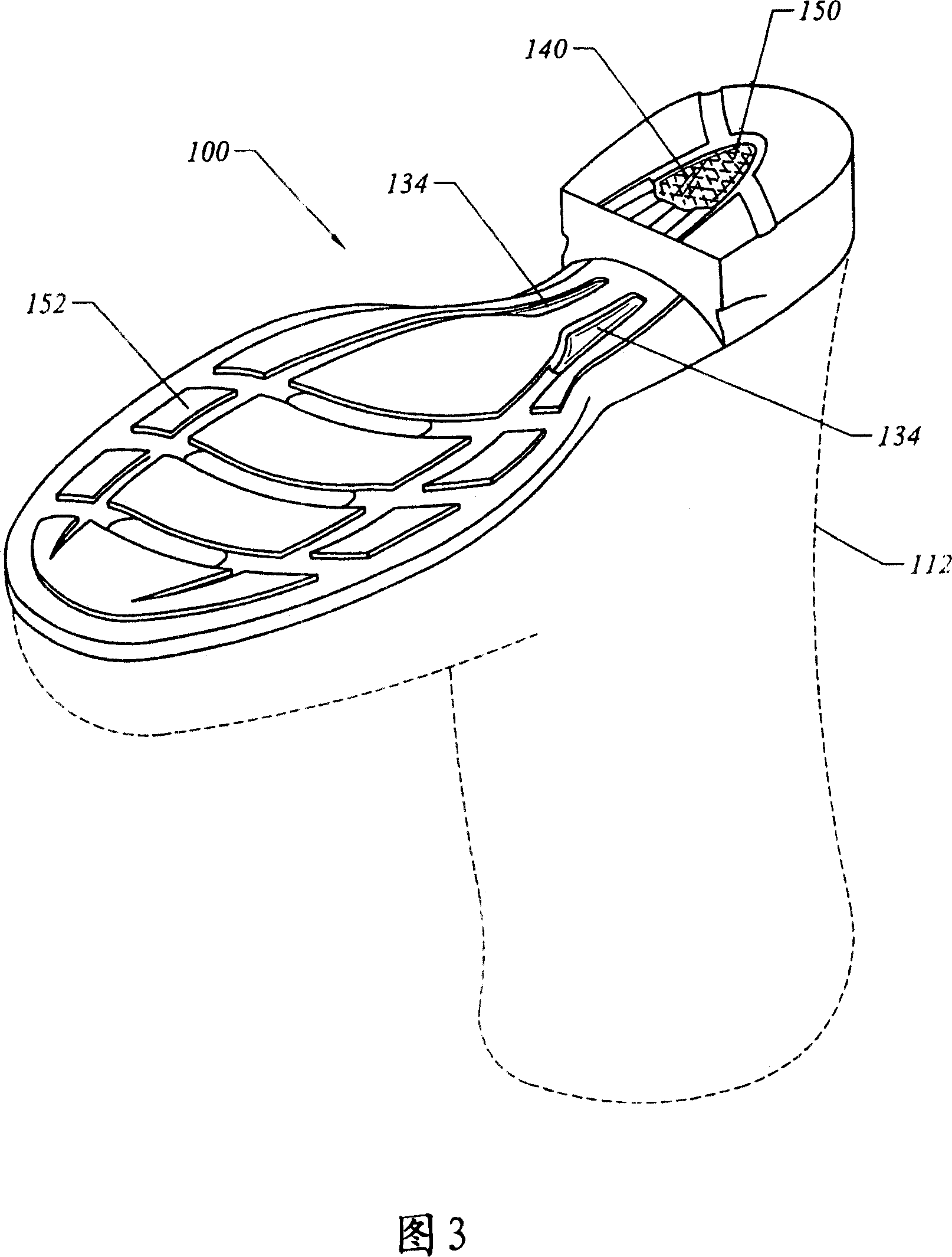 Footwear sole with forefoot stabilizer, ribbed shank, and layered heel cushioning