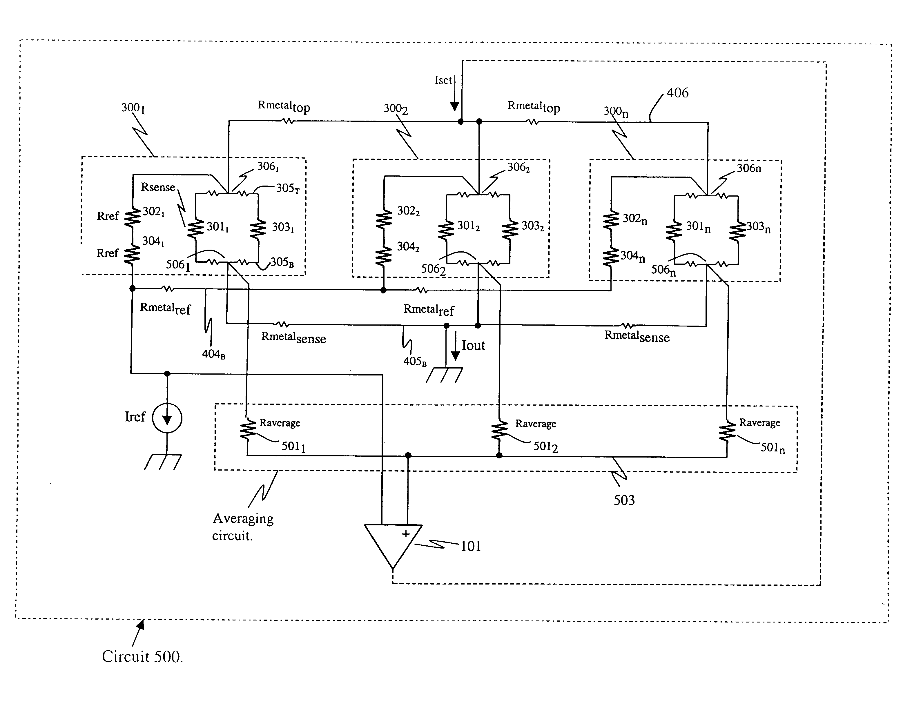 Current sense resistor circuit with averaging Kelvin sense features