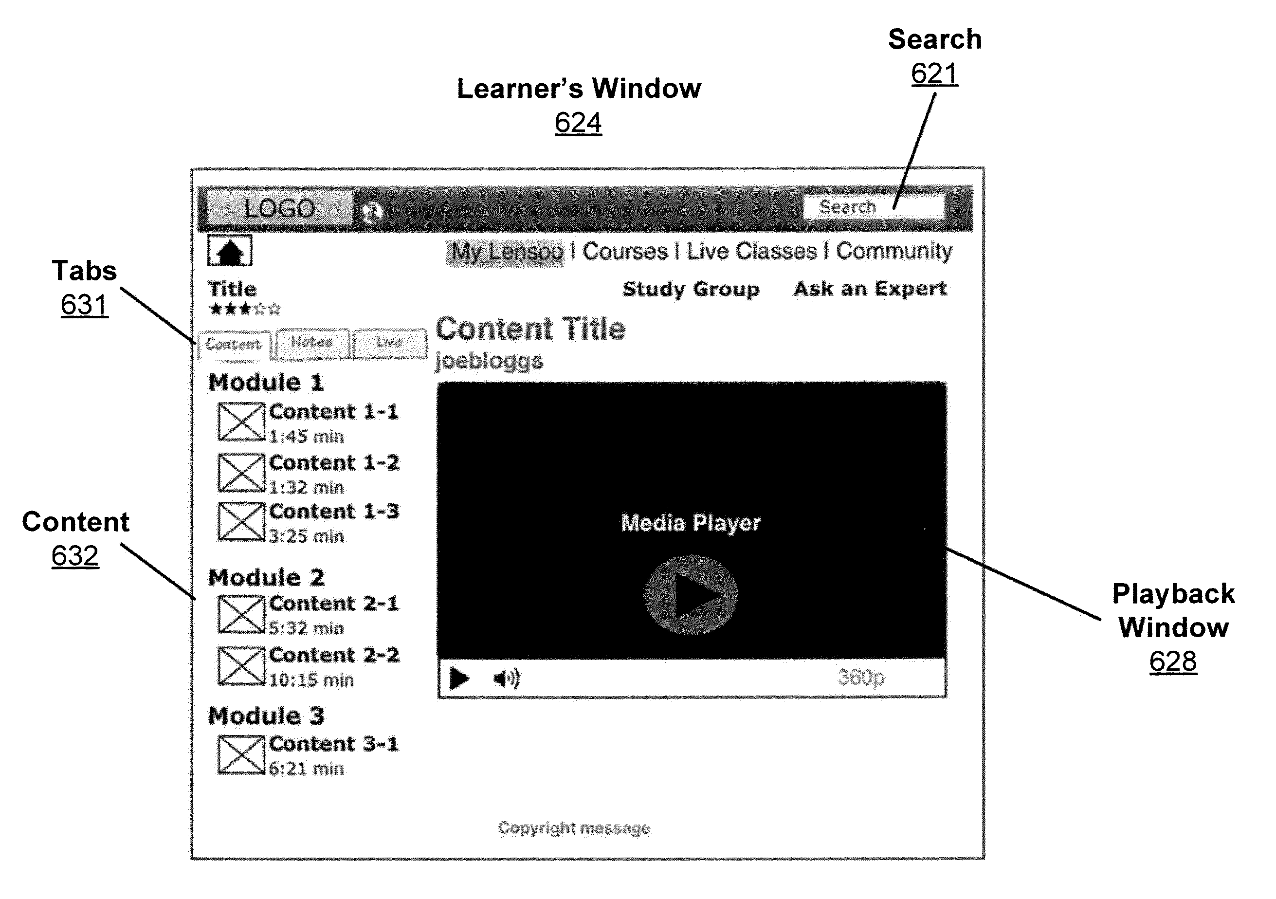 Method, system, and medium for enabling a user to access learning content via a single-window learner interface