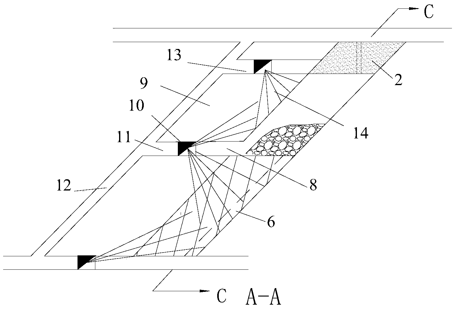 Medium-length hole ore breaking synergistic anchor cable support subsequent filling mining method of combined reconstructed structural body