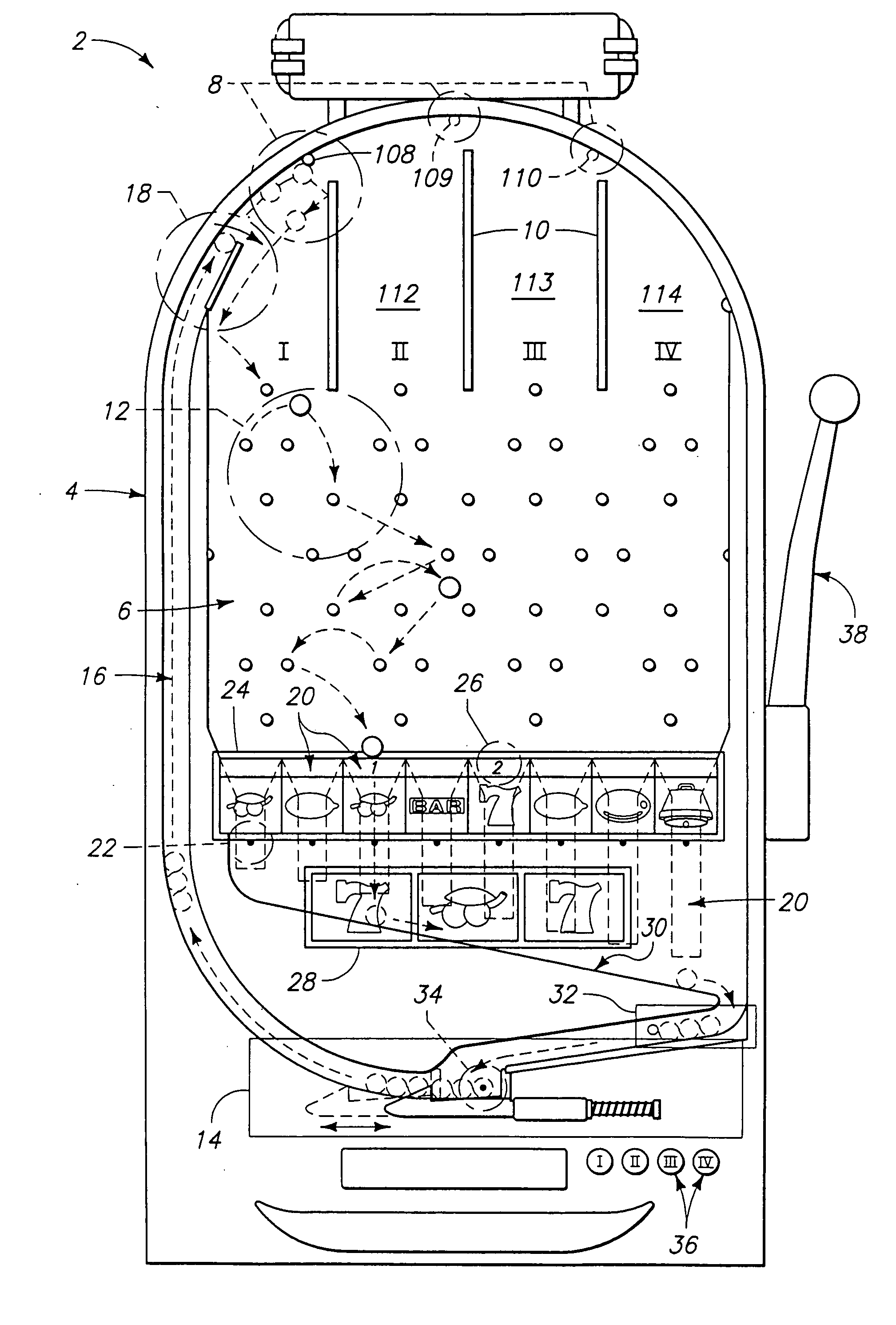 Drop gaming machine with varying symbol scoring zones and automatic bias prevention