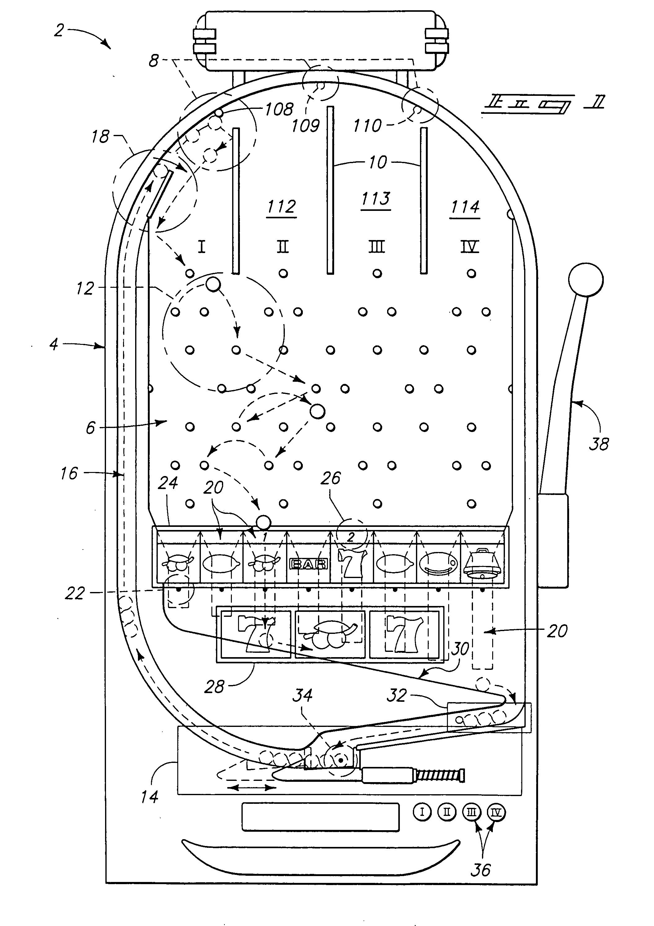 Drop gaming machine with varying symbol scoring zones and automatic bias prevention