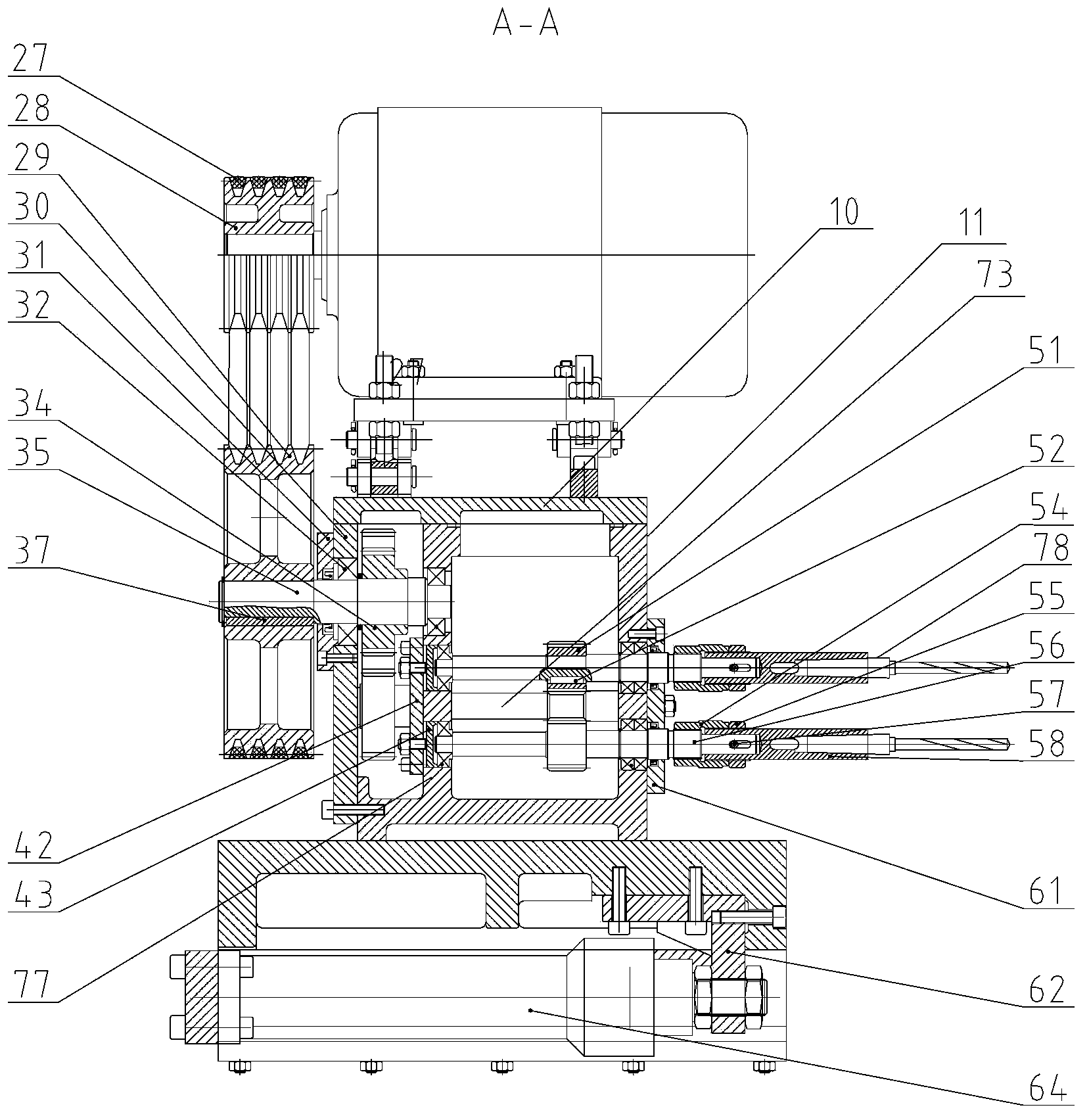 Multiple-shaft drill bit machine tool for processing threaded bottom hole in side surface of crank case and processing method thereof