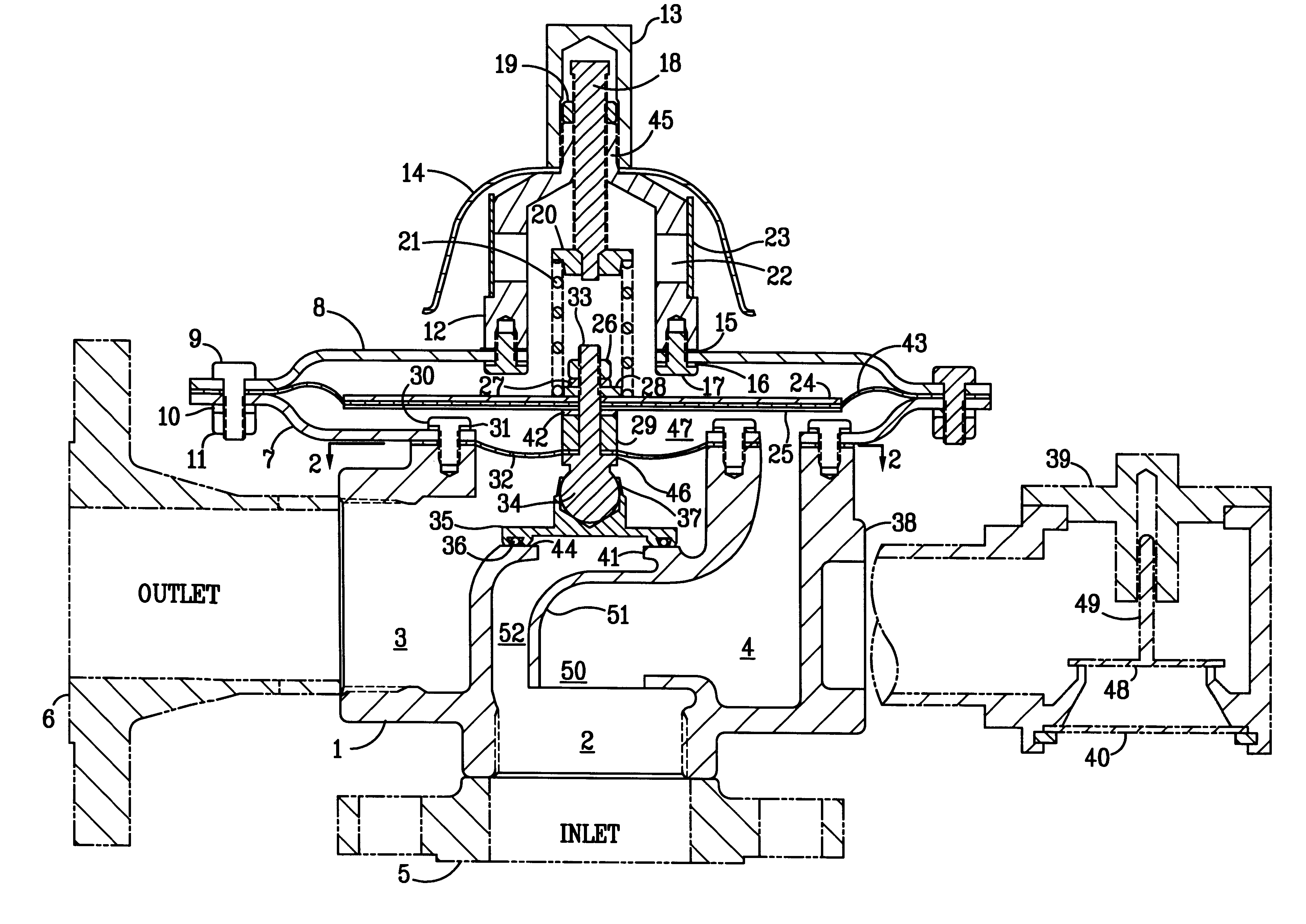 Diaphragm actuated pressure relief valve with pressure balanced outlet and fail-safe operation