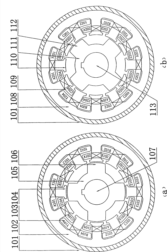 Three-phase single-section/double-section multiple-pole switching reluctance motor