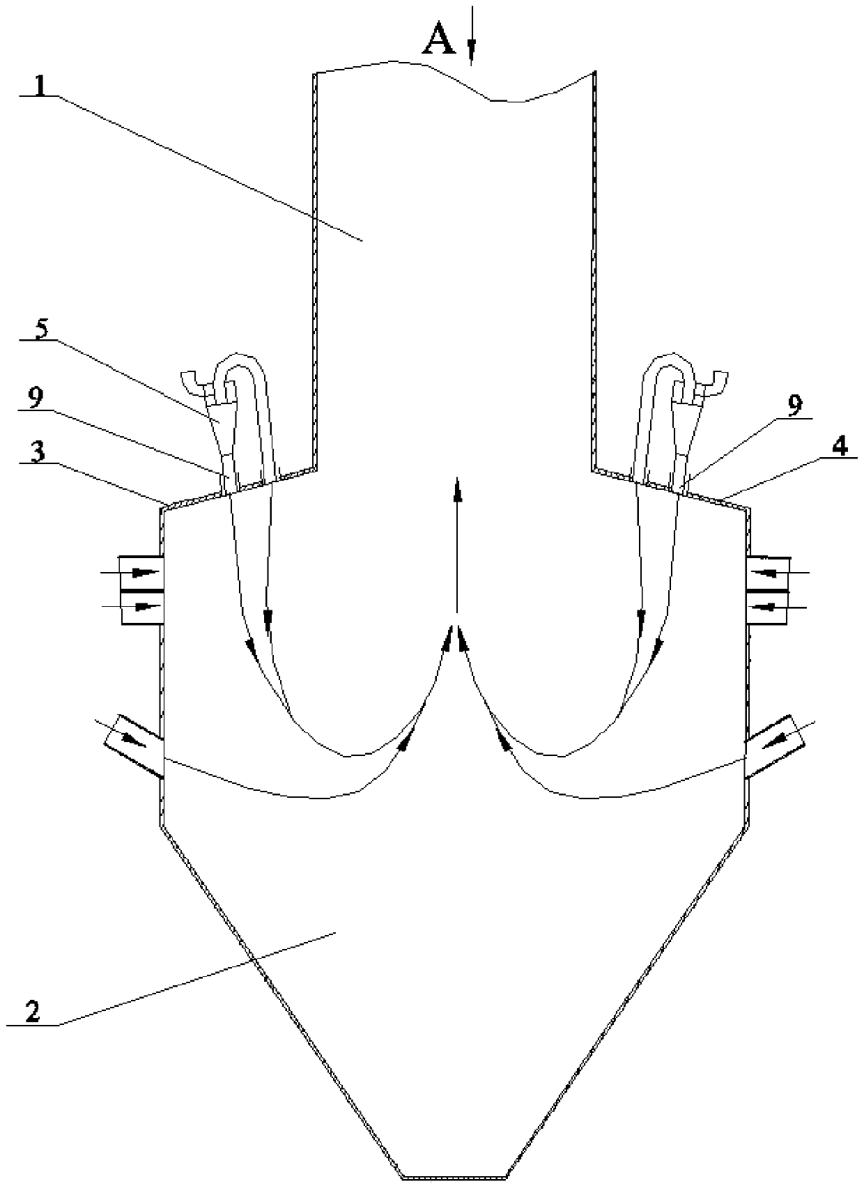 On-arch secondary air and gap type exhaust steam staggered W flame boiler and air distribution method