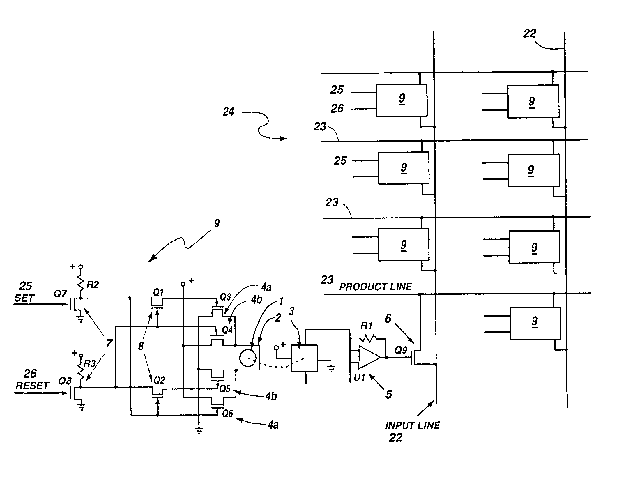Programmable array logic circuit whose product and input line junctions employ single bit non-volatile ferromagnetic cells