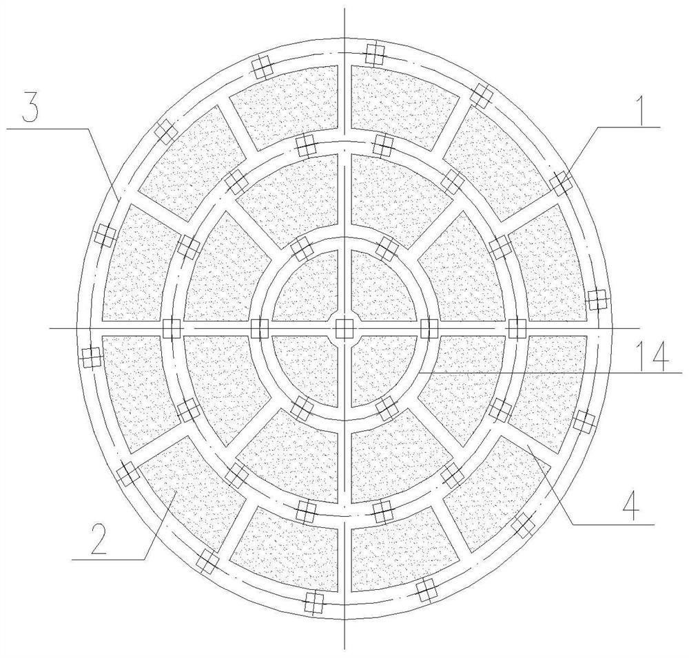 Fan-shaped cast-in-place hollow floor type storage tank leveling foundation and construction method thereof