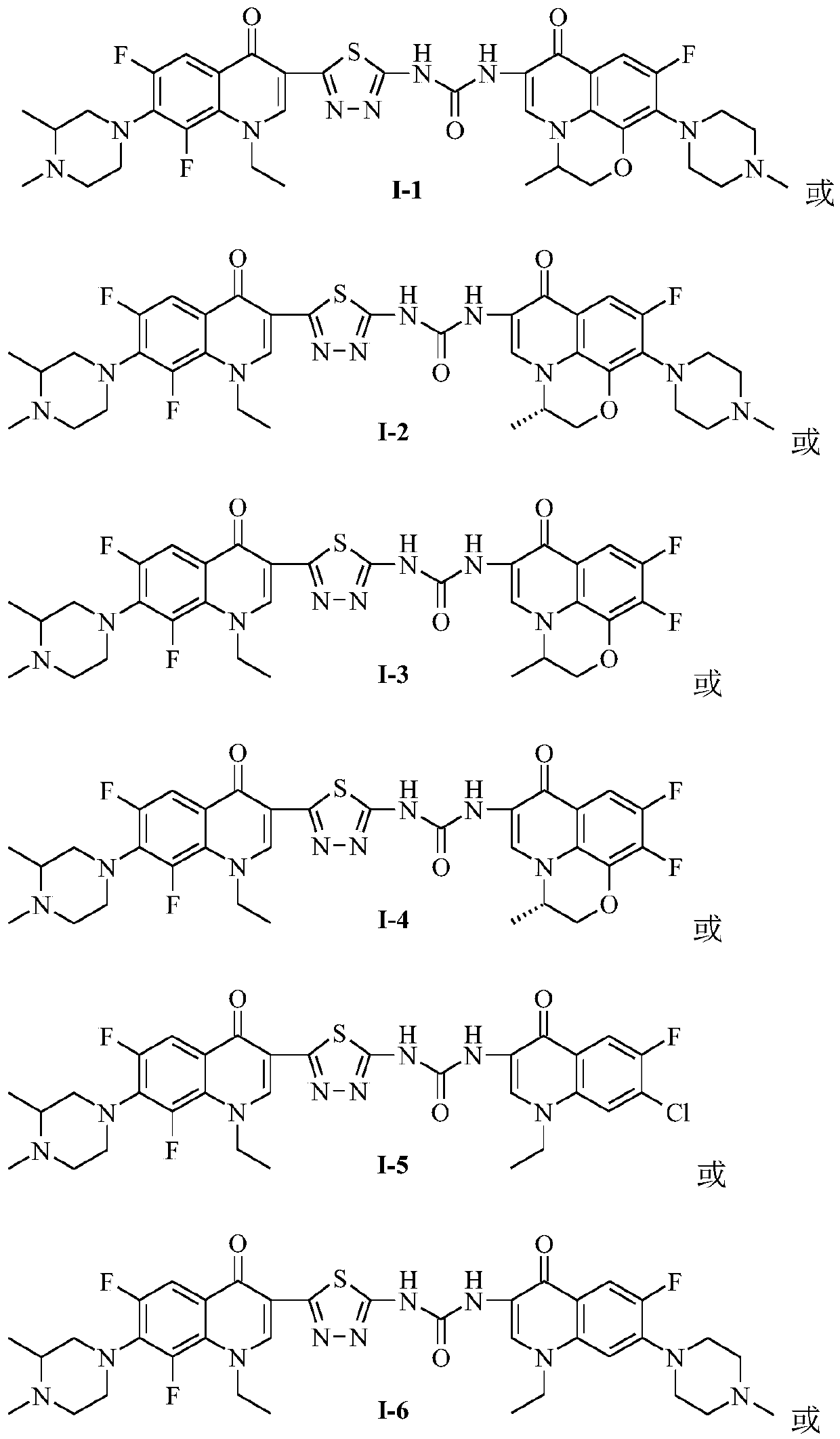 Preparation and application of bis-fluoroquinolone thiadiazole urea N-methyl lomefloxacin derivatives