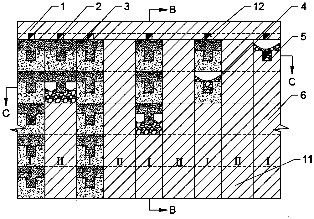 Downward concave-convex rib-free inlaying continuous layered filling mining method
