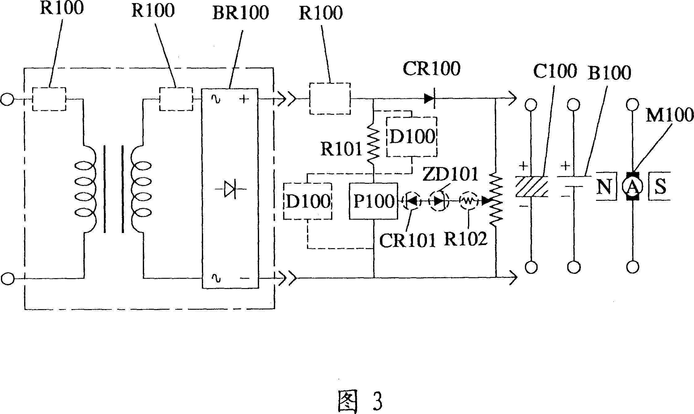 Flow-dividing type antomatic controlled output circuit with accumulated voltage or counter electromotive force load