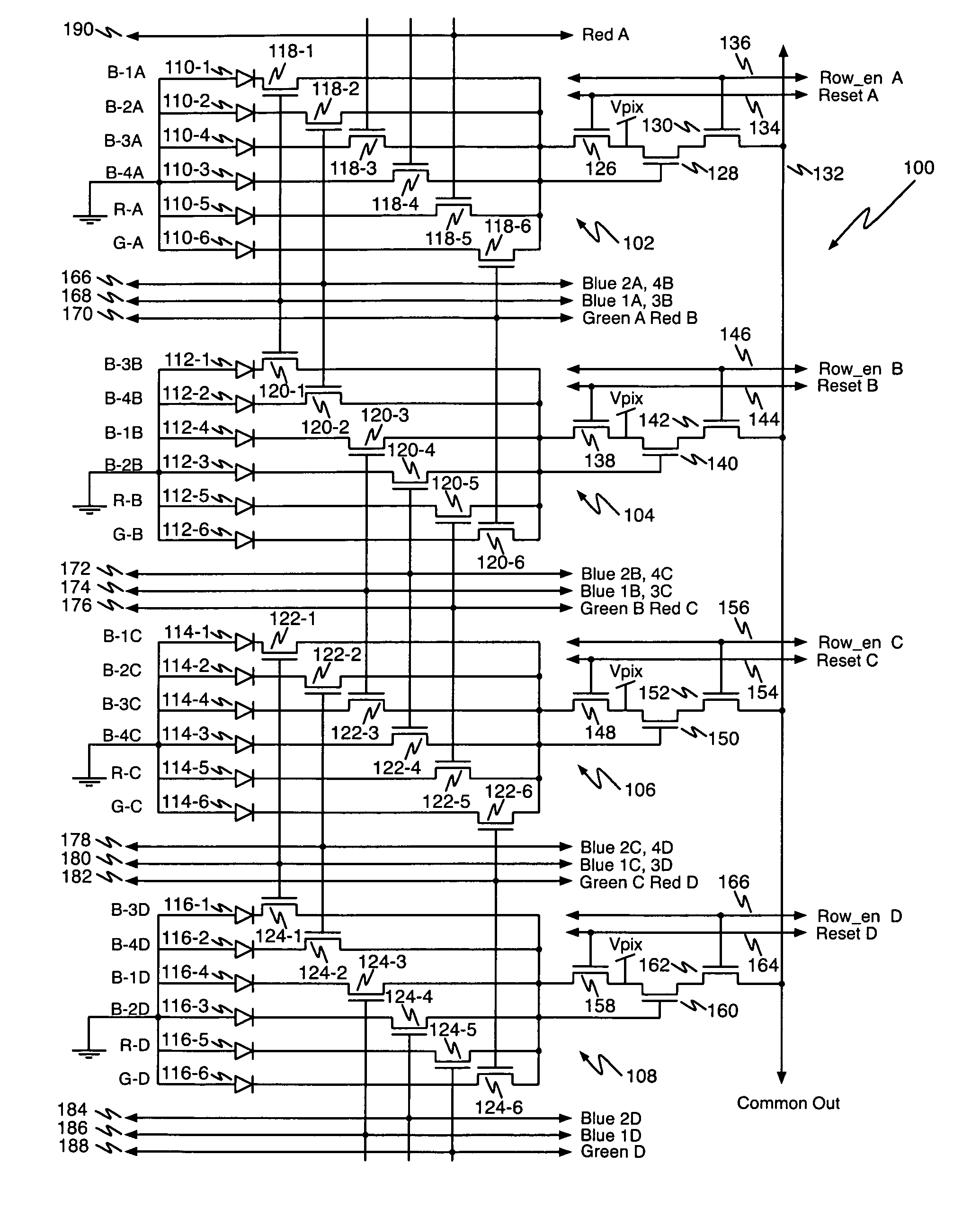 Multi-color CMOS pixel sensor with shared row wiring and dual output lines