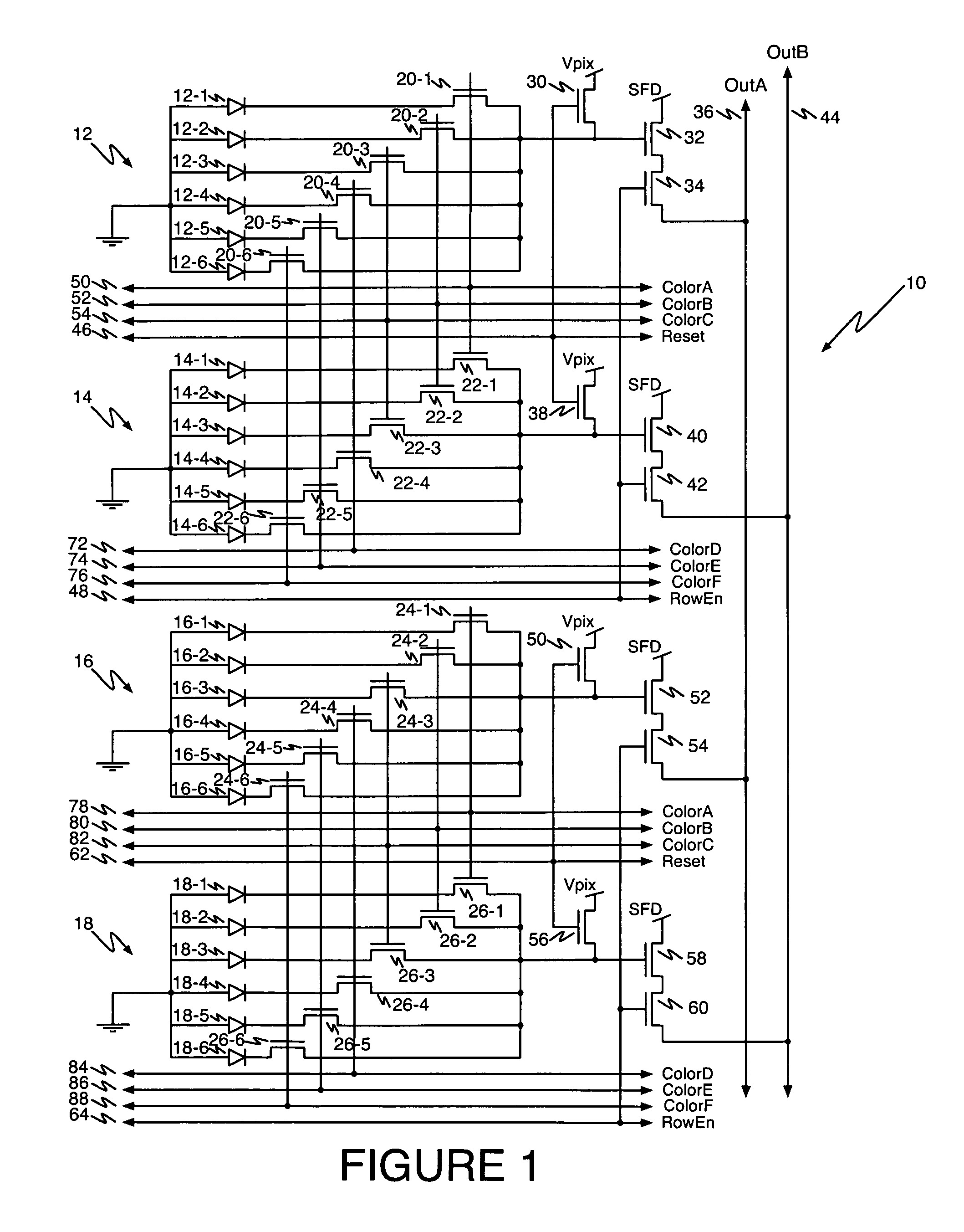 Multi-color CMOS pixel sensor with shared row wiring and dual output lines