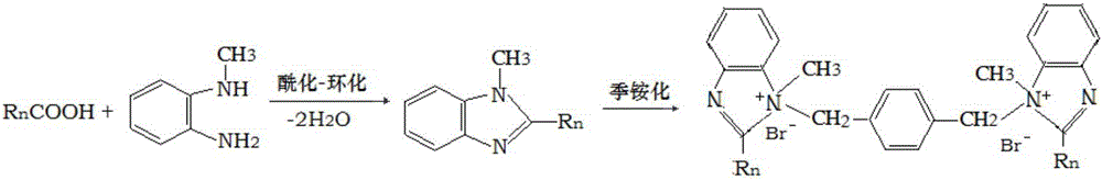 Mixed fatty group di(benzimidazoline-ammonium-salt) as well as preparation method and application thereof