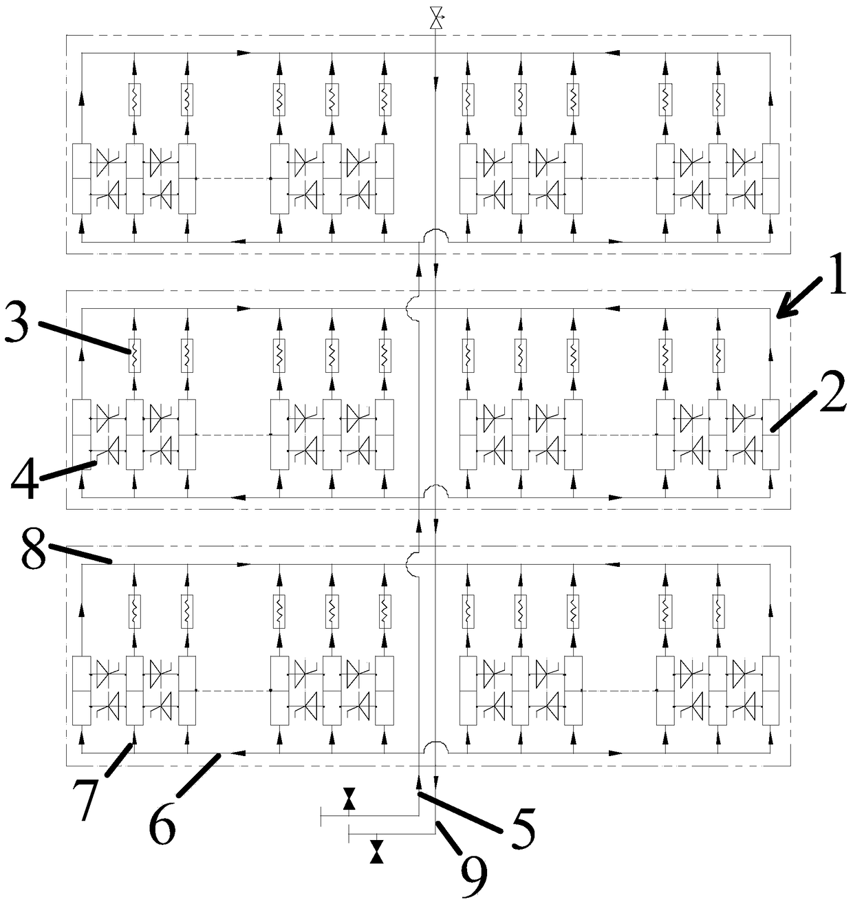 A water-cooling heat dissipation device for 110kv thyristor valve body