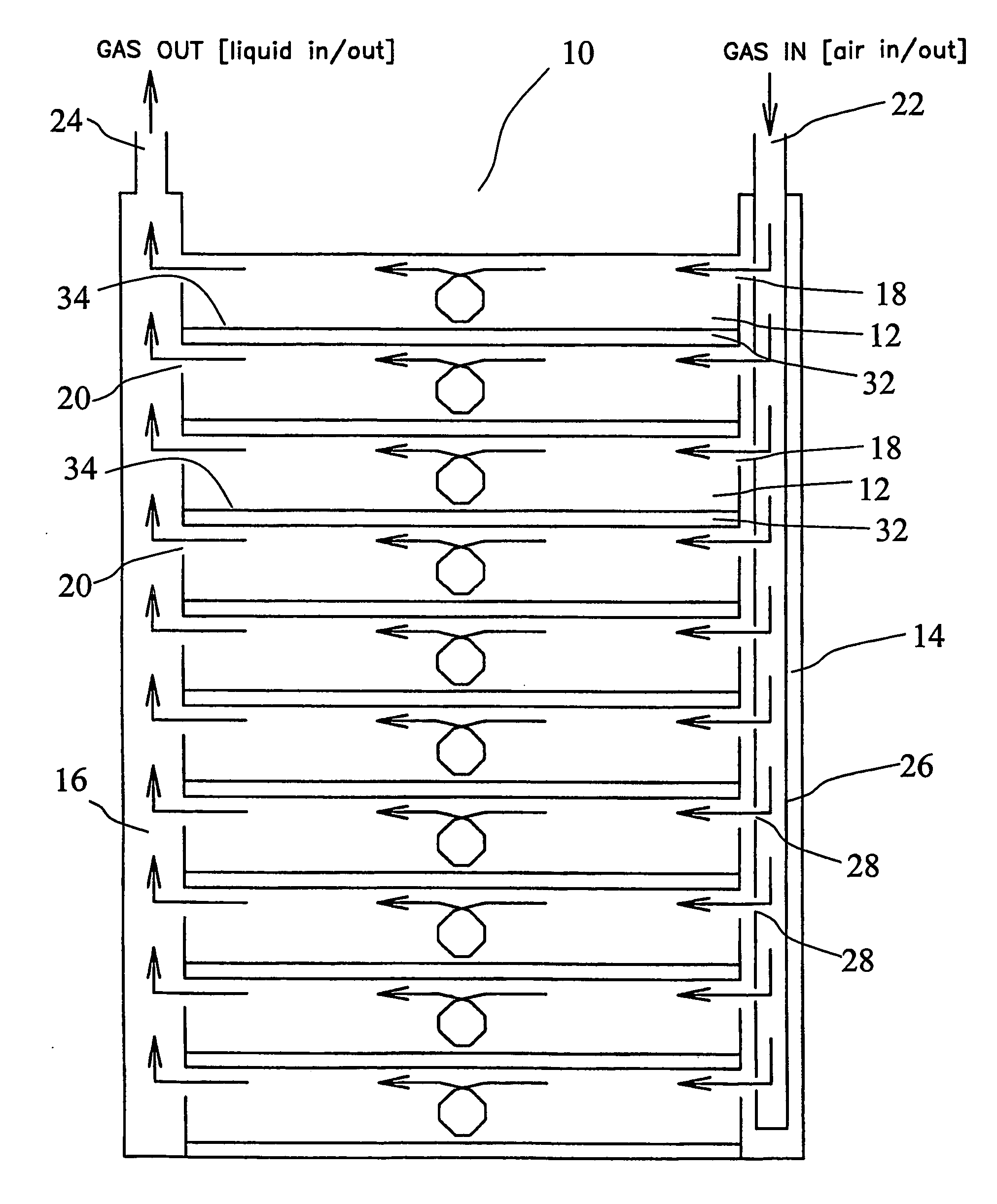 Tray stack adapted for active gassing