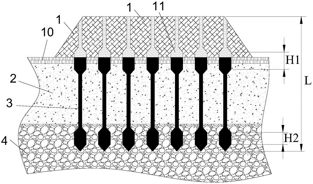 Construction method of composite foundation structure of dumbbell-shaped bored piles for strengthening embankment soft foundation