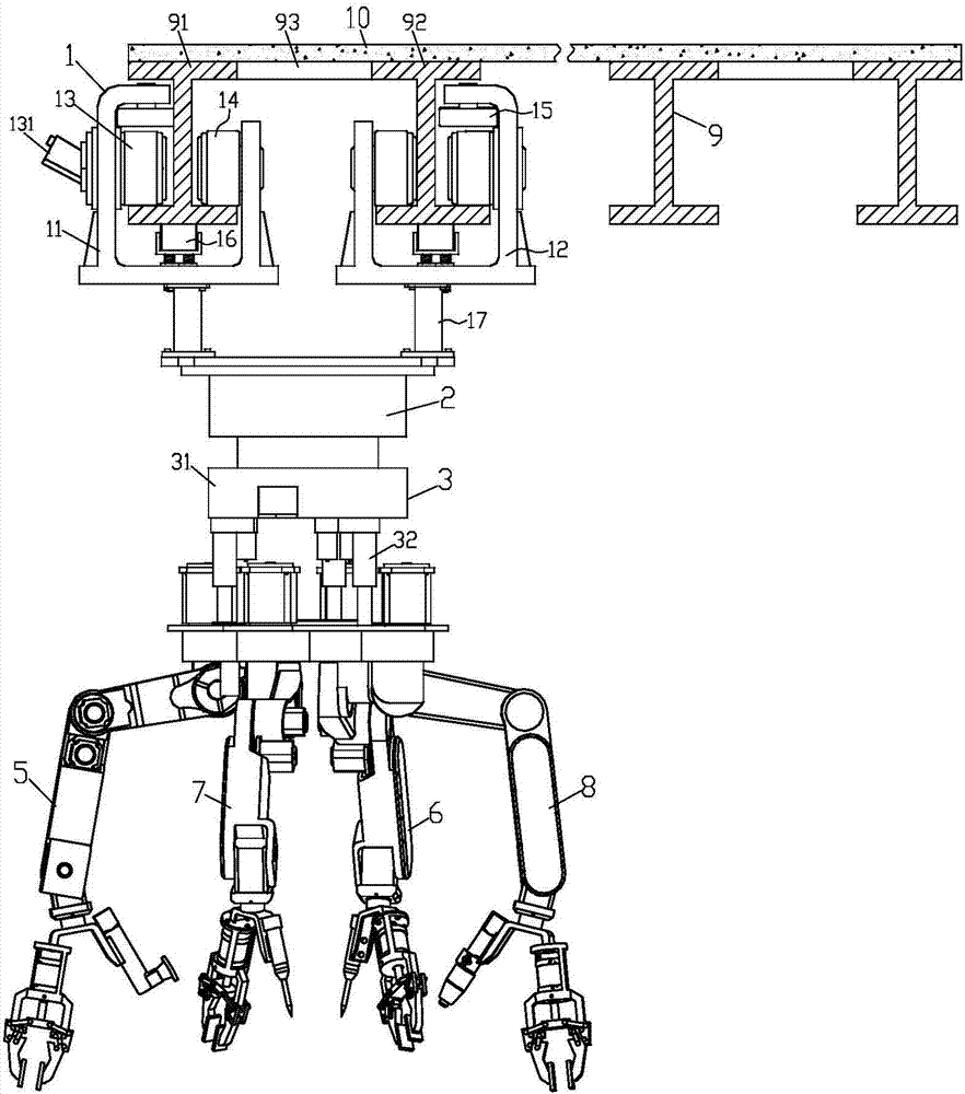 Suspended orbit type multi-arm casting robot