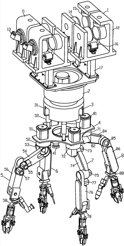 Suspended orbit type multi-arm casting robot