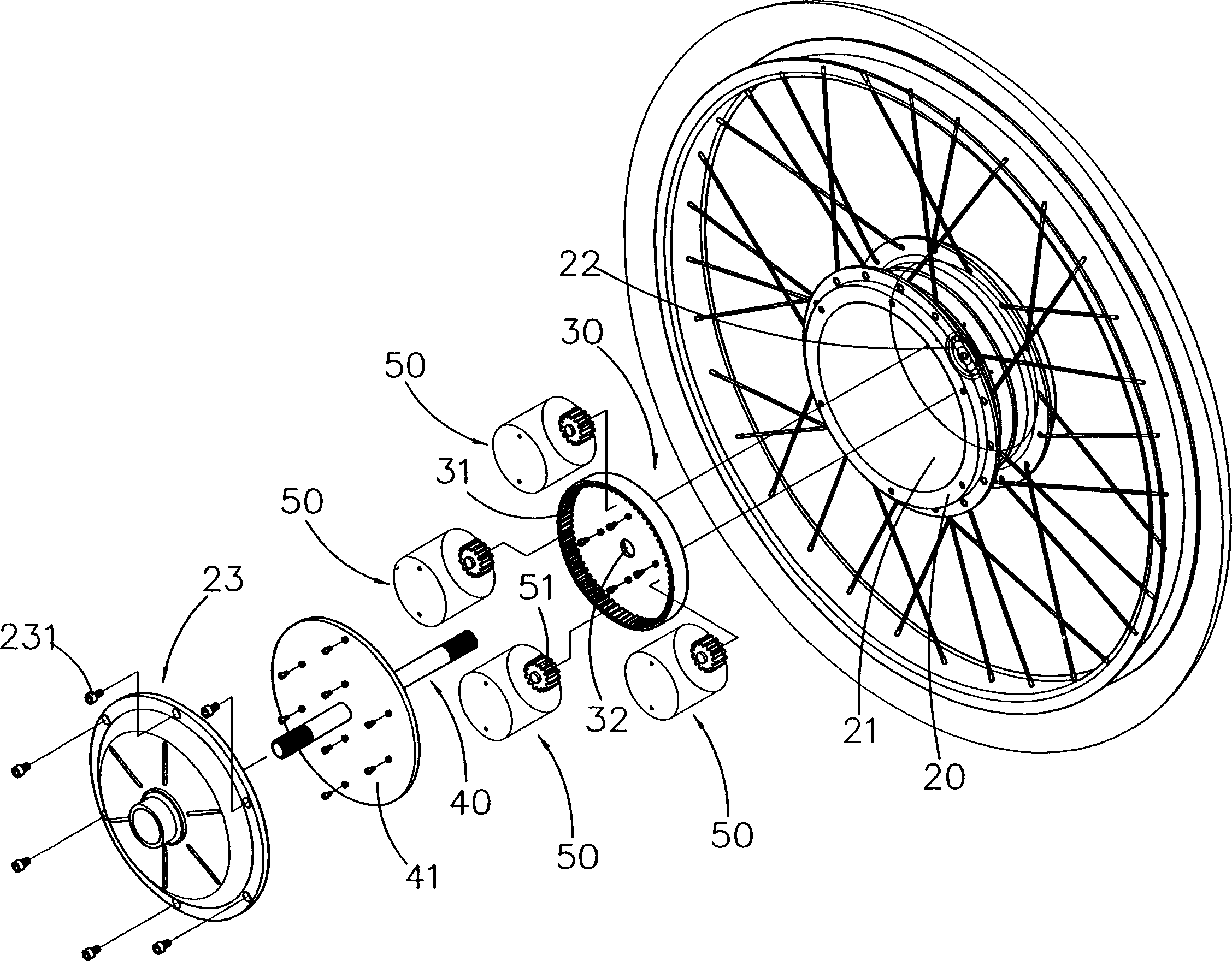 A structure for making up wheel hub by multiple motors