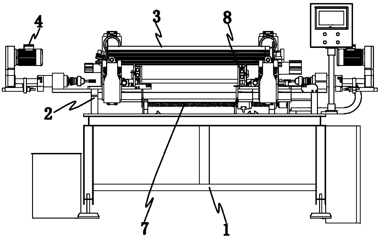 A drilling and chamfering device suitable for processing steel pipes of different sizes