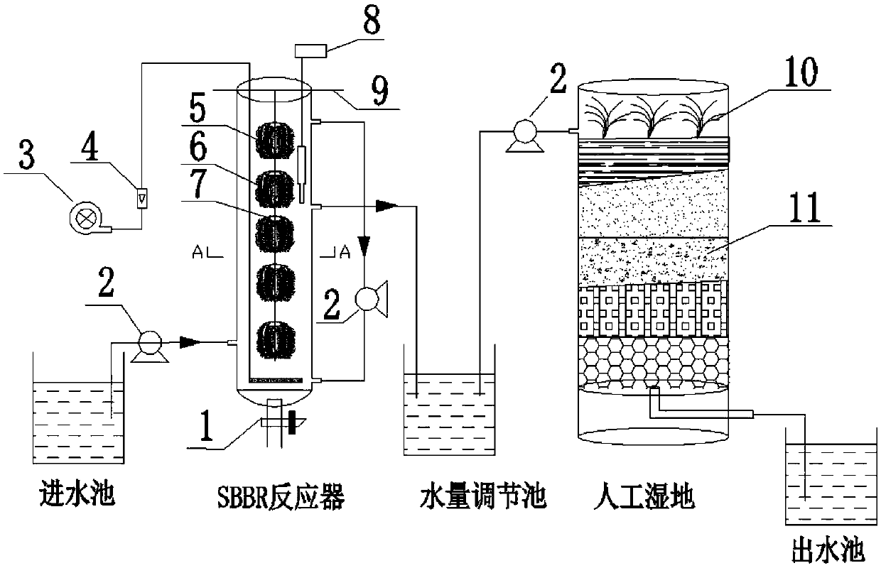 Ecological carbon fiber sbbr and constructed wetland combined treatment system and treatment method for reclaimed water